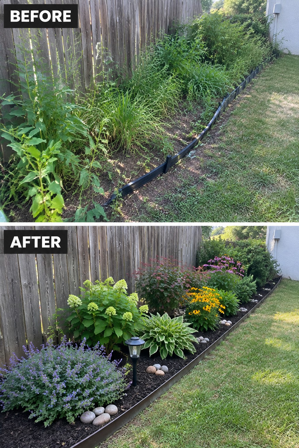 Before-and-after image of an overgrown garden bed along a wooden fence changed into a neat landscaped border with flowers, shrubs, mulch, rocks, and edging.