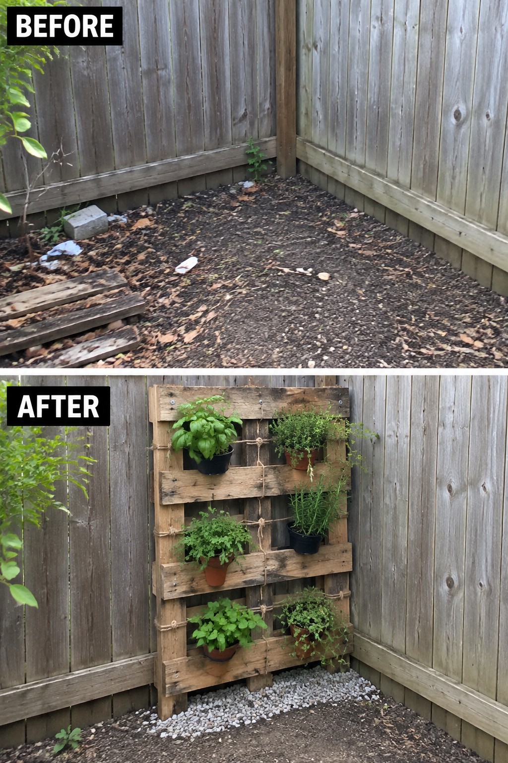 Before and after of pallet transformed into vertical herb garden on fence.