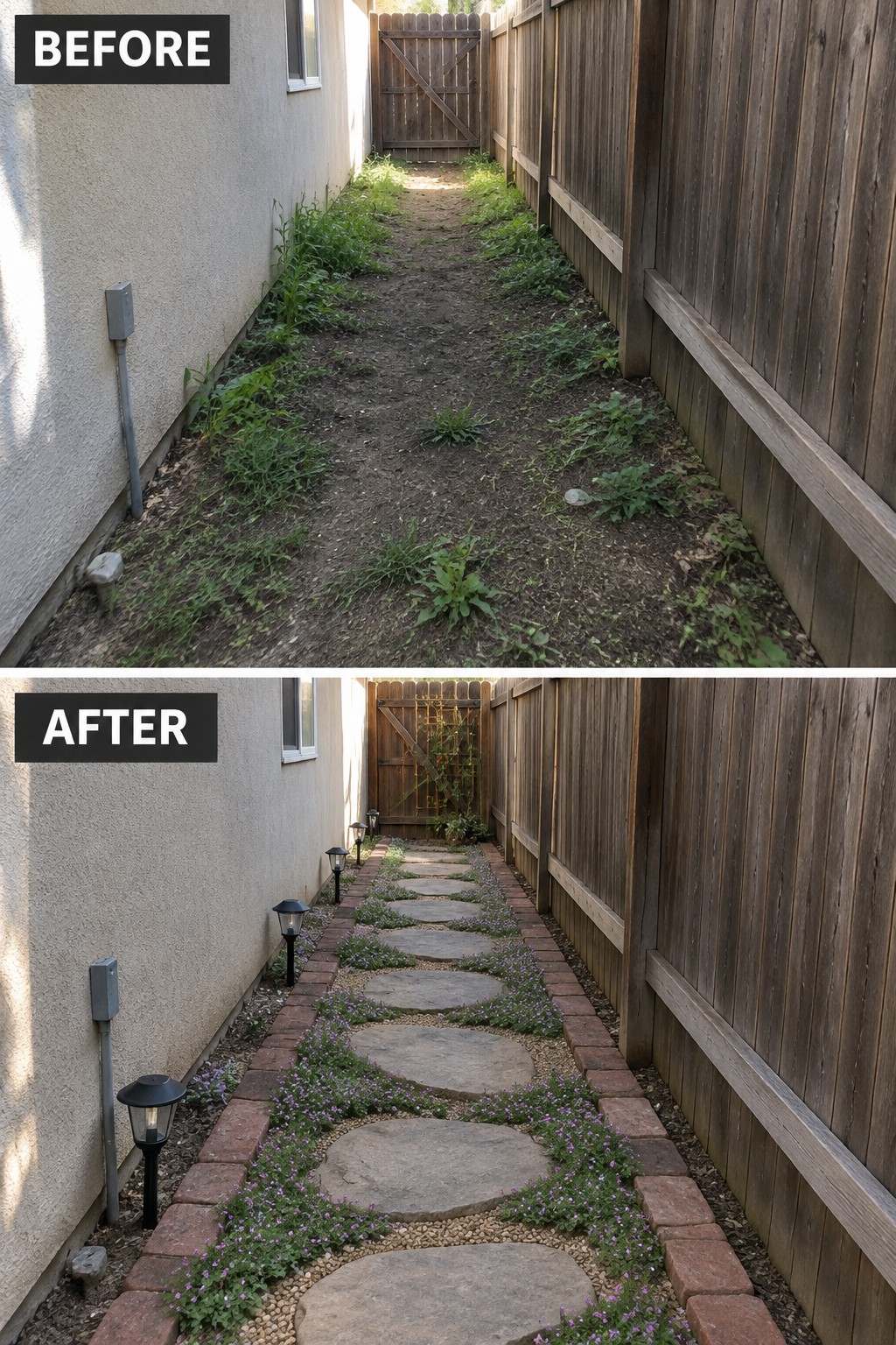 Before-and-after image of an overgrown narrow side yard changed into a defined path with stepping stones, brick edging, ground cover plants, and solar lights.