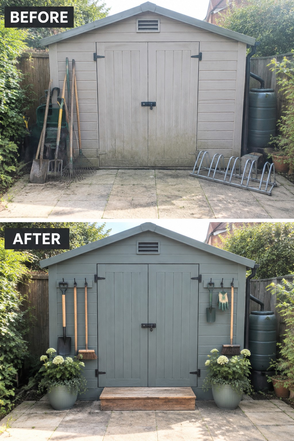 Before and after of beige shed transformed into organized grey shed with tools and plants.