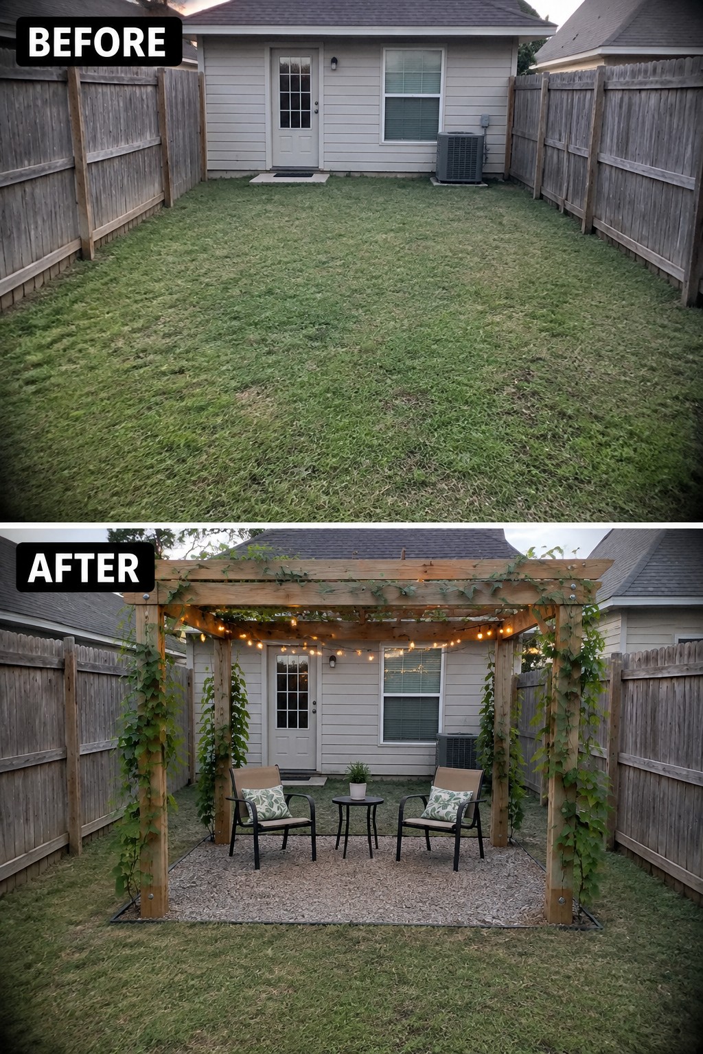 Before grassy yard transformed into vine-covered pergola with chairs and string lights