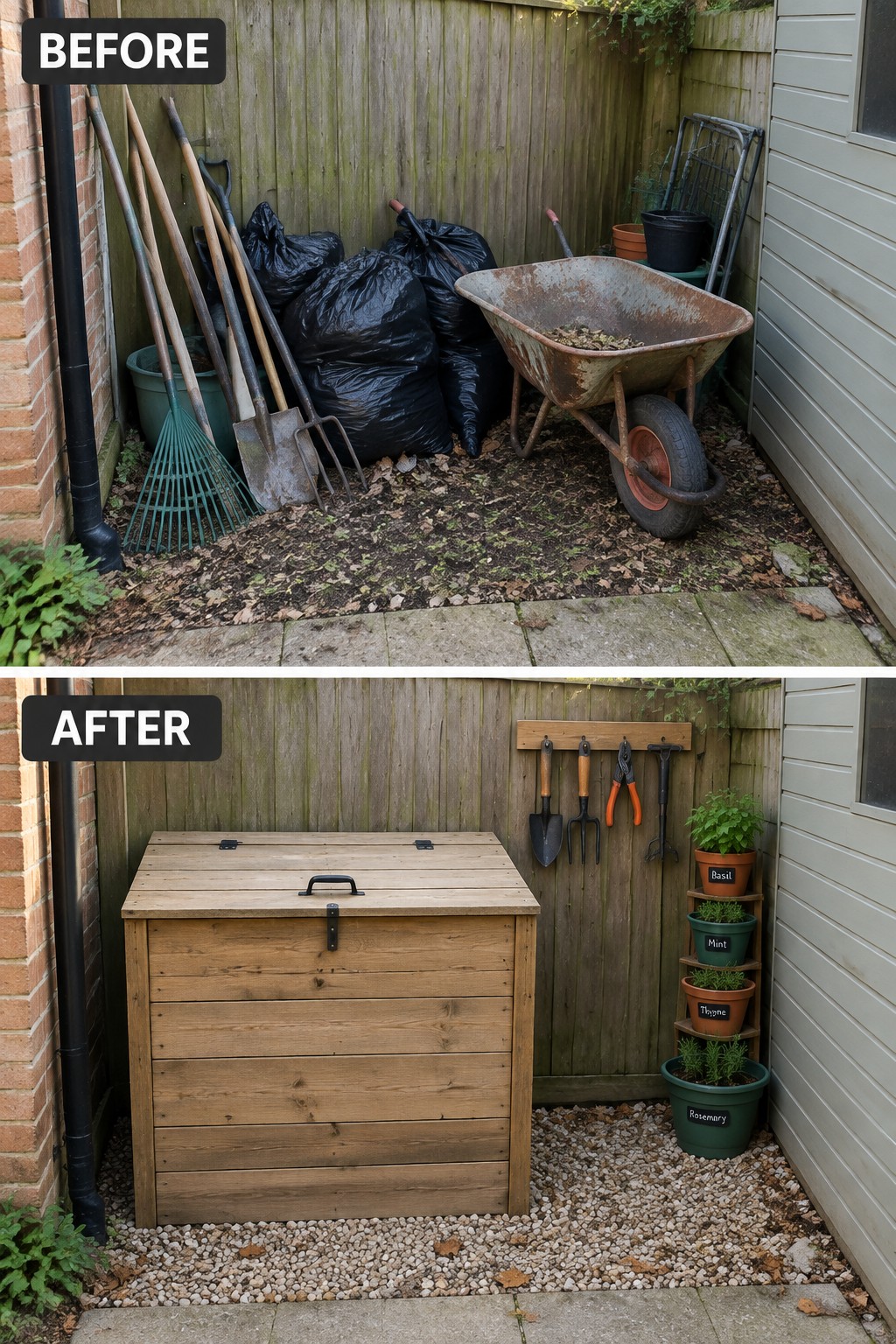 Before-and-after image of a cluttered garden corner transformed with a wooden storage chest, wall-mounted tool rack, gravel ground cover, and tiered herb planters.