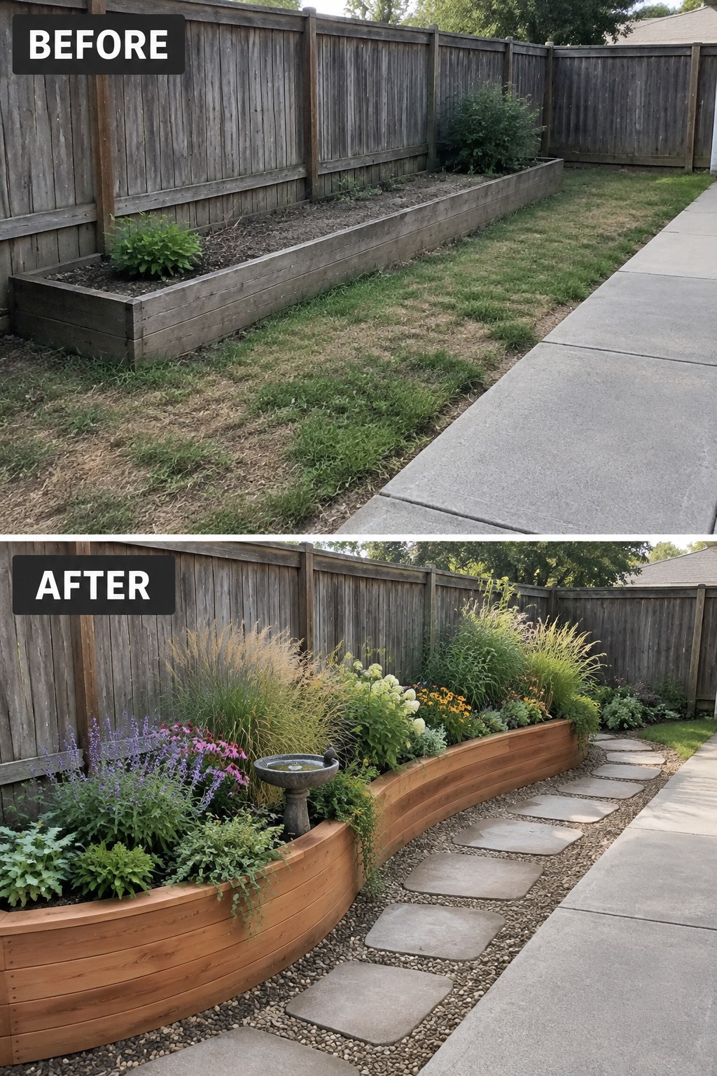 Before and after of backyard garden bed with colorful plants, birdbath, and stone path.