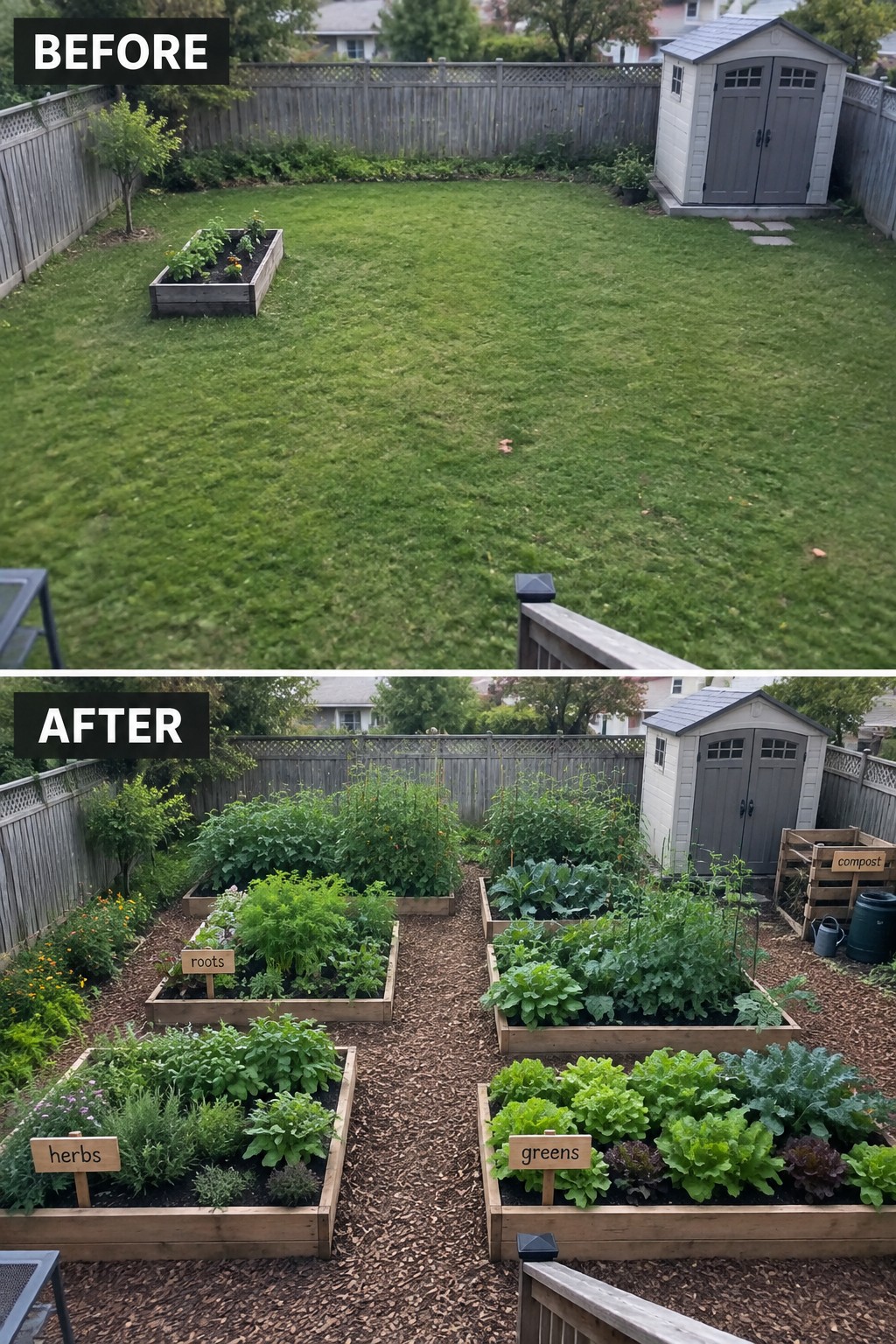 Backyard before grassy lawn and after with labeled raised vegetable beds and mulch paths