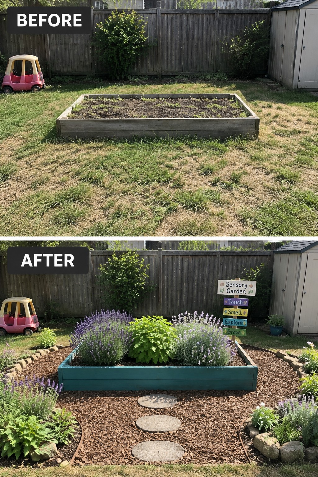 Before-and-after image of a backyard raised bed changed from a bare wooden box in patchy grass to a painted teal bed surrounded by mulch, stepping stones, and planted borders.