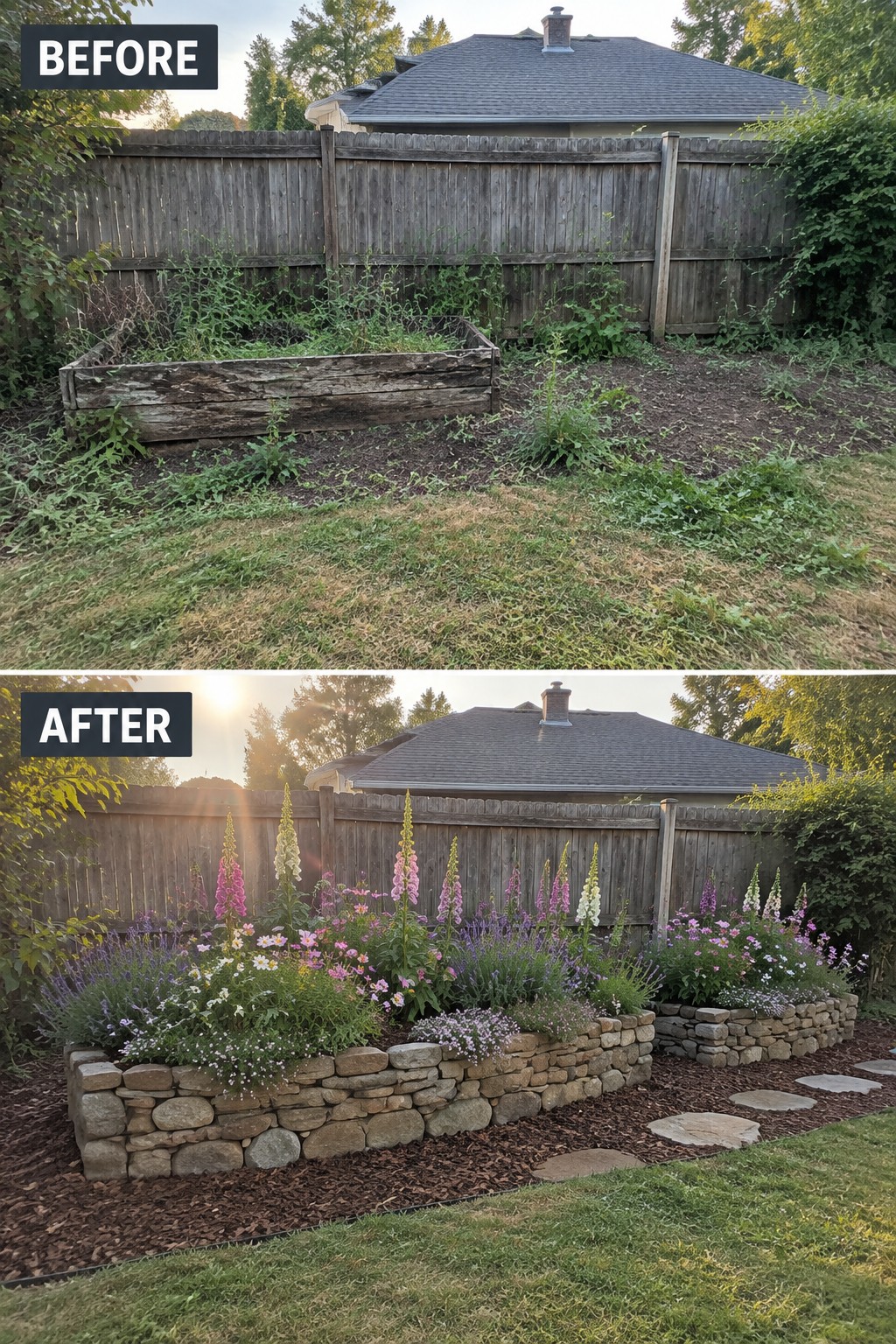 Before-and-after image of an overgrown backyard with a broken wooden planter changed into a landscaped garden with stone raised beds, flowers, mulch, and stepping stones.