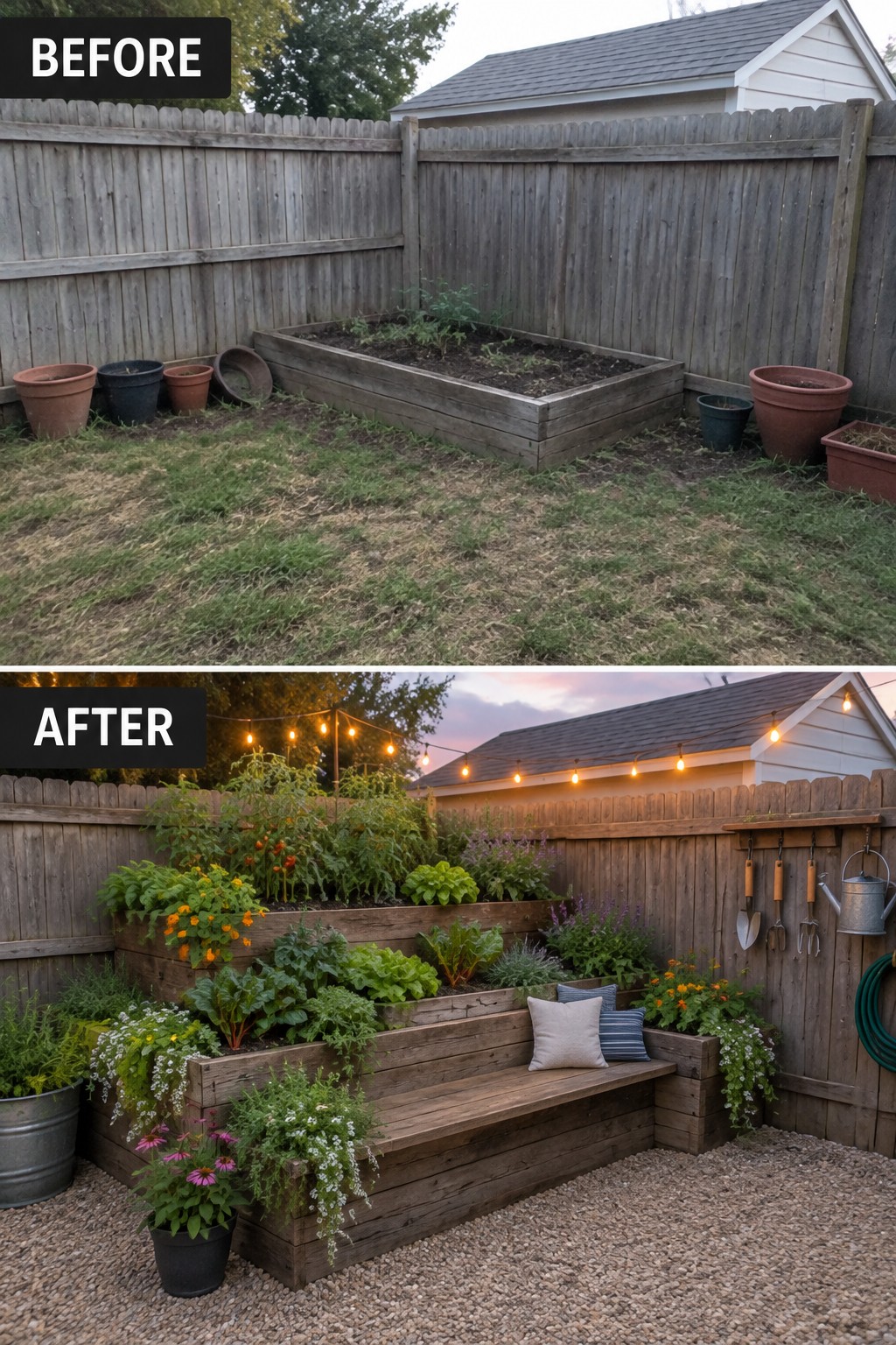 Before and after backyard with raised garden beds, bench, and string lights.