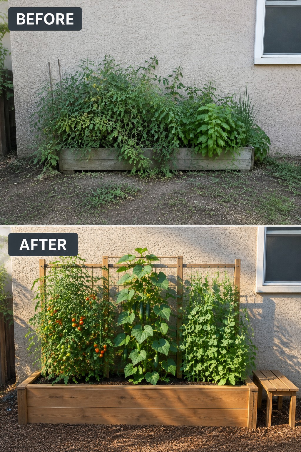 Before and after of wooden raised garden bed with trellised tomatoes and cucumbers.