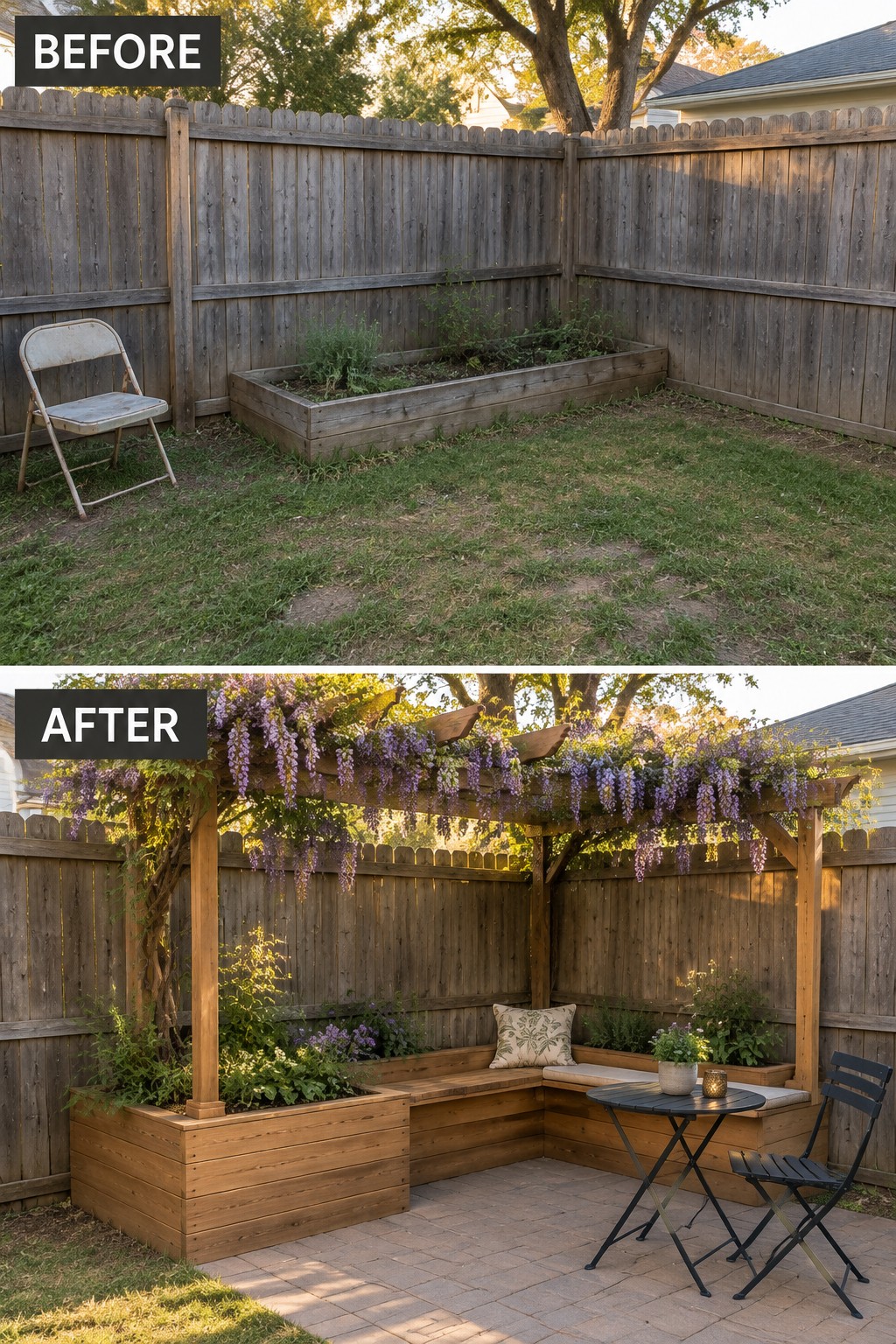Before and after backyard with wooden pergola, purple wisteria, and patio seating.