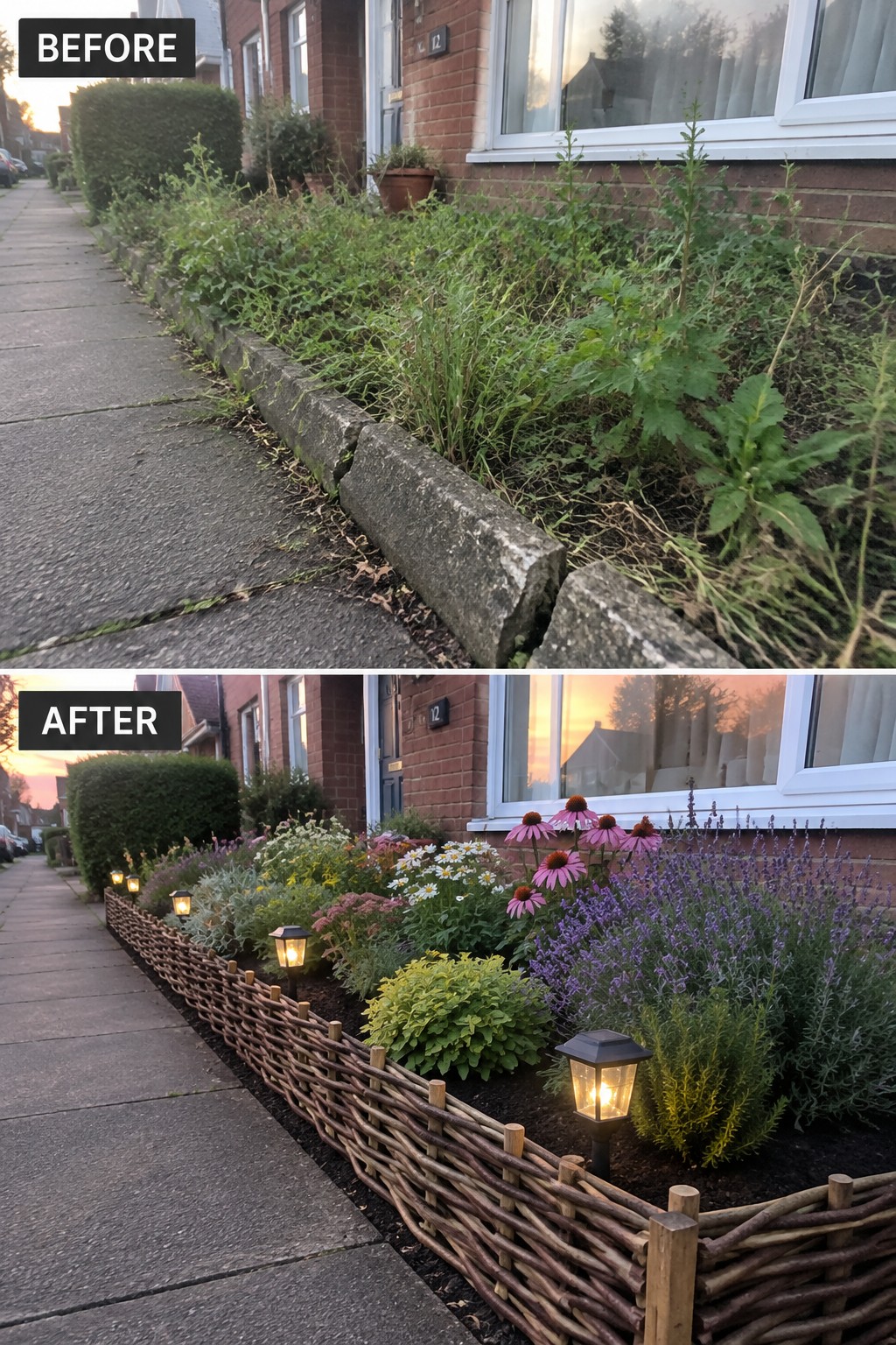 Before: overgrown weeds along curb; after: colorful flowers, woven fence, solar lights.