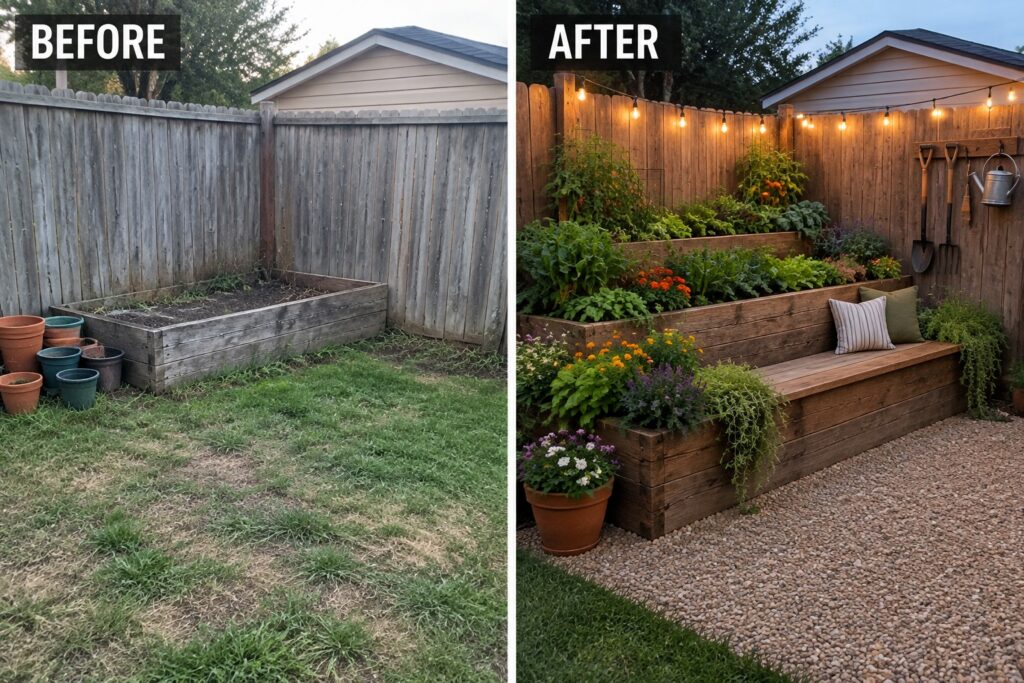 20 Clever Garden Makeover Ideas Centered on Raised Beds Before and after backyard with raised garden beds, bench, and string lights.