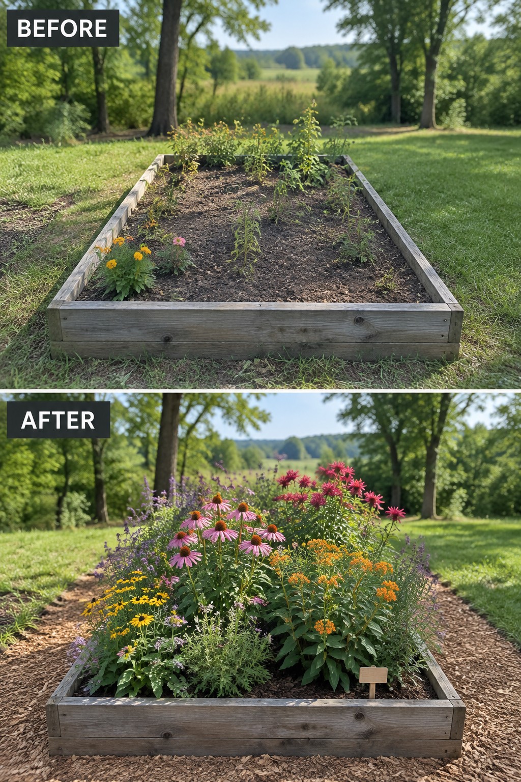 Before and after of raised wooden bed, from sparse plants to dense colorful blooms.