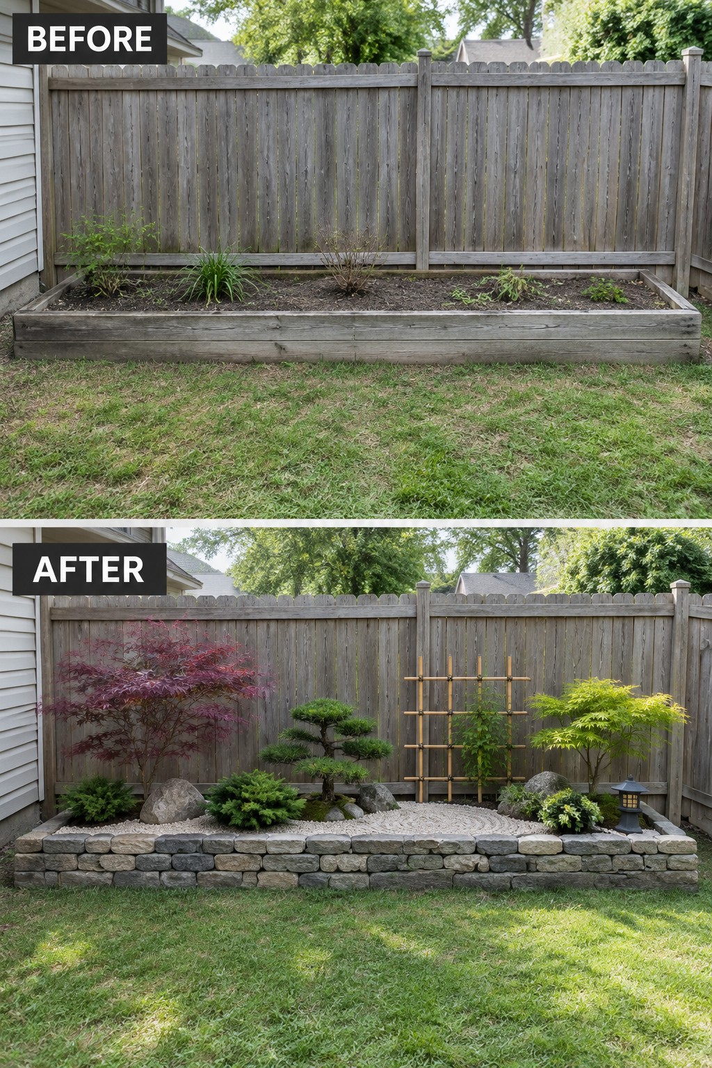 Before-and-after image of a backyard raised garden bed transformed from a plain wooden frame with sparse plants into a stone-edged gravel bed with bonsai trees, a trellis, and structured planting.