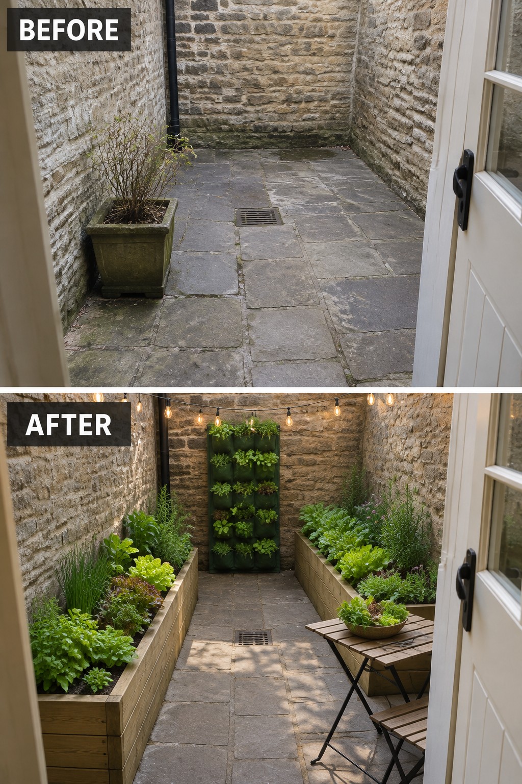 Before-and-after image of a stone-paved courtyard changed by adding wooden raised beds, a vertical garden planter, string lights, and a small seating area.