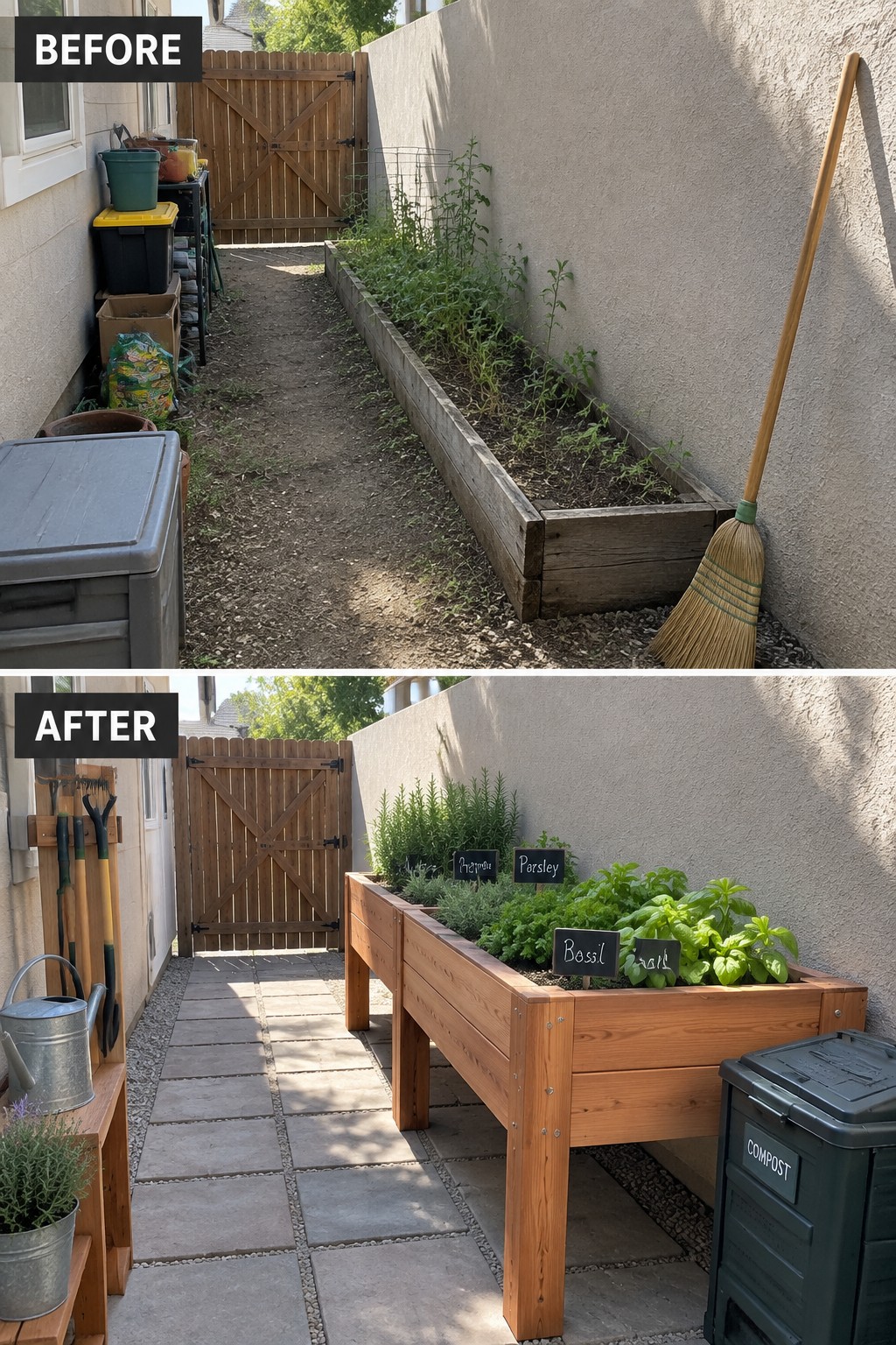 Before and after of cluttered yard transformed into tidy garden with raised beds and stone path