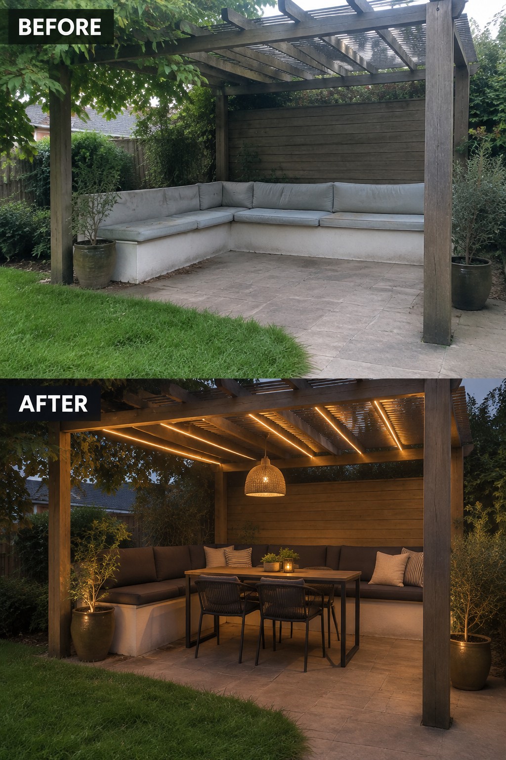 Before and after of wooden pergola with new lighting, dining table, and dark cushions.
