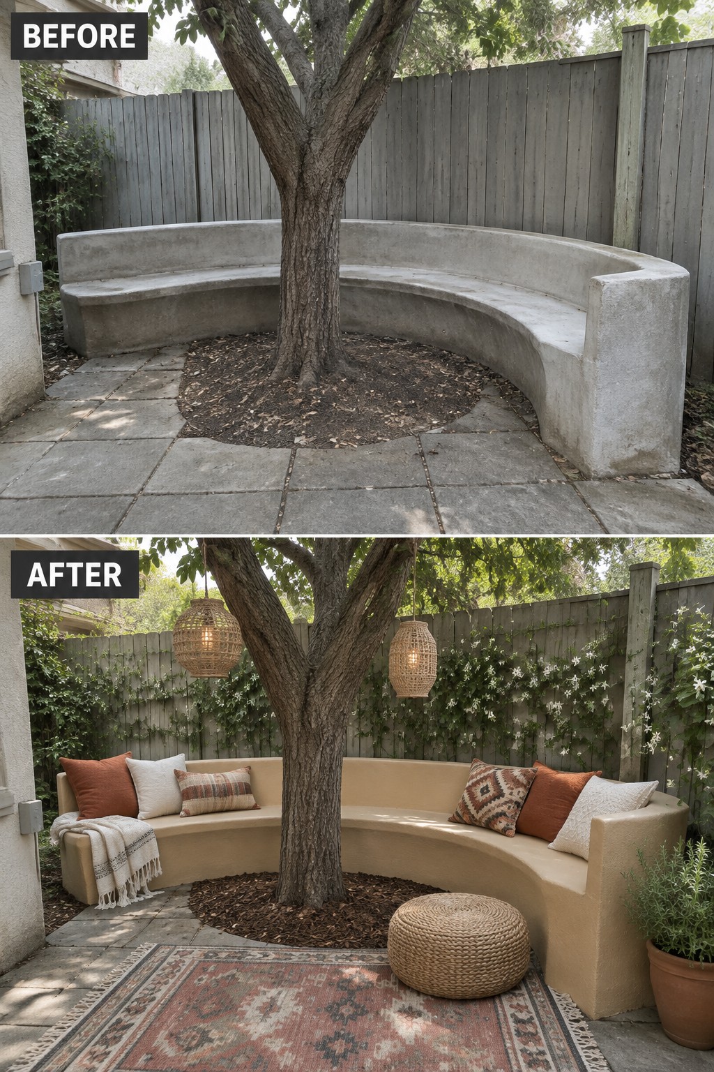 Before-and-after of curved concrete bench around tree, now with cushions, rug, lanterns, and vines.
