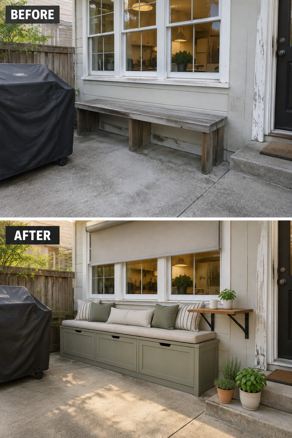 Before and after porch bench transformation from plain wood to green cushioned storage unit