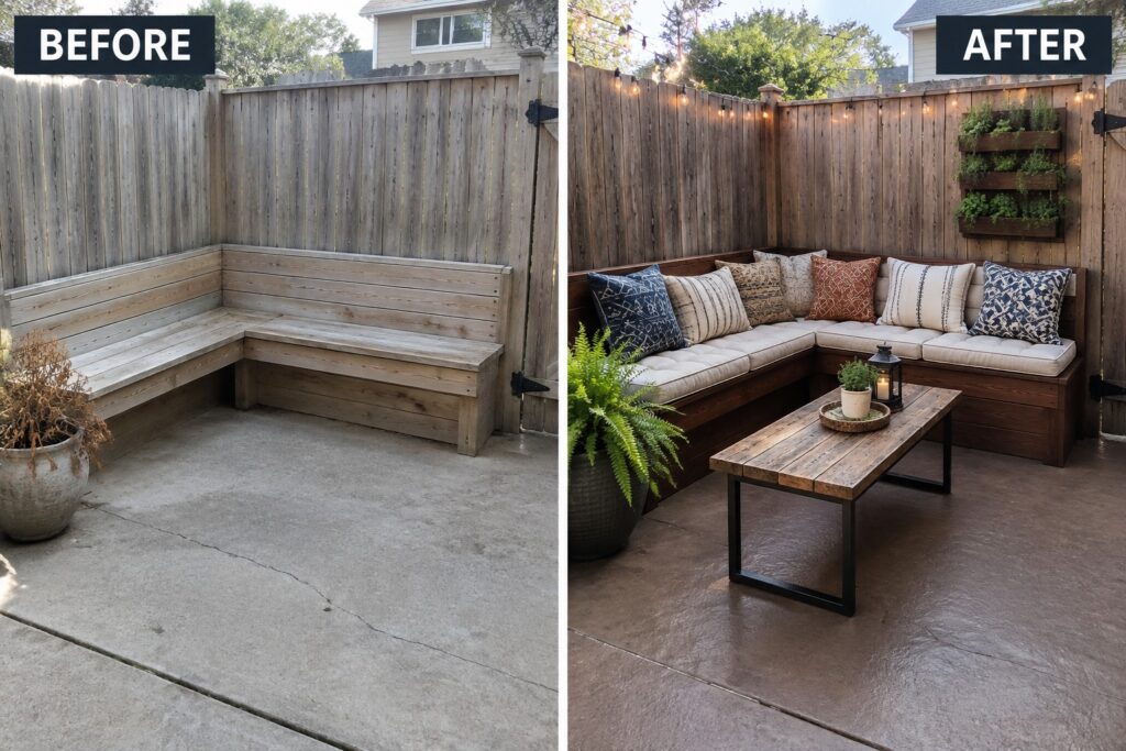 Before and after of stained wooden corner bench with cushions, lights, and patio table