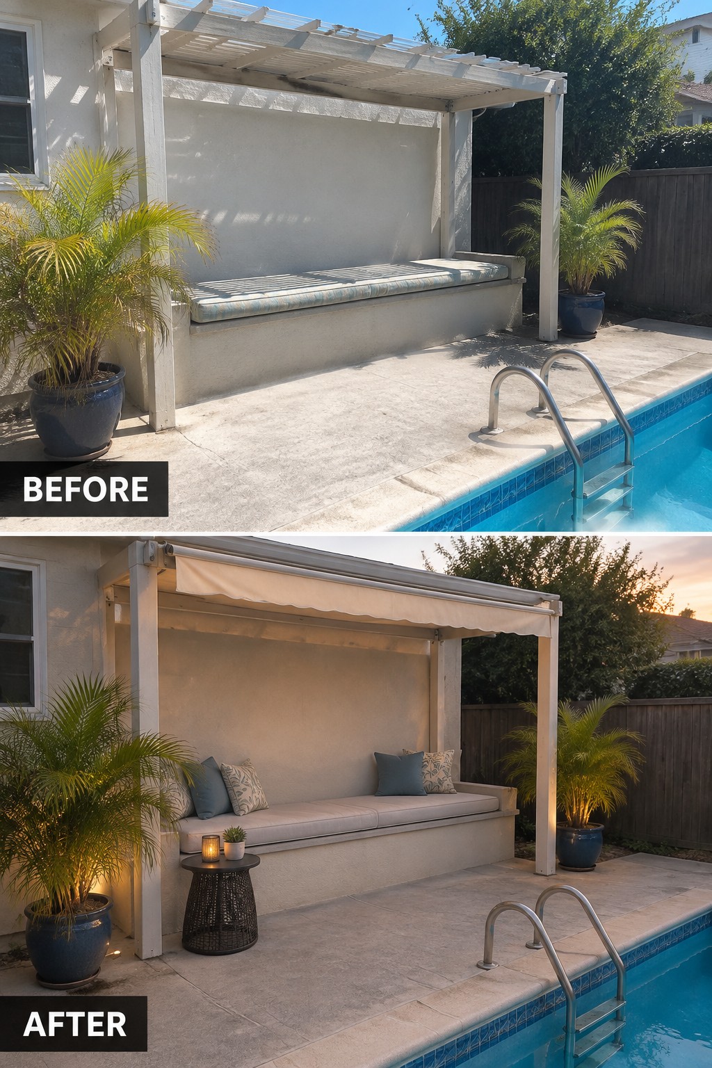 Before-and-after poolside pergola with bench, awning, pillows, lights and pool.