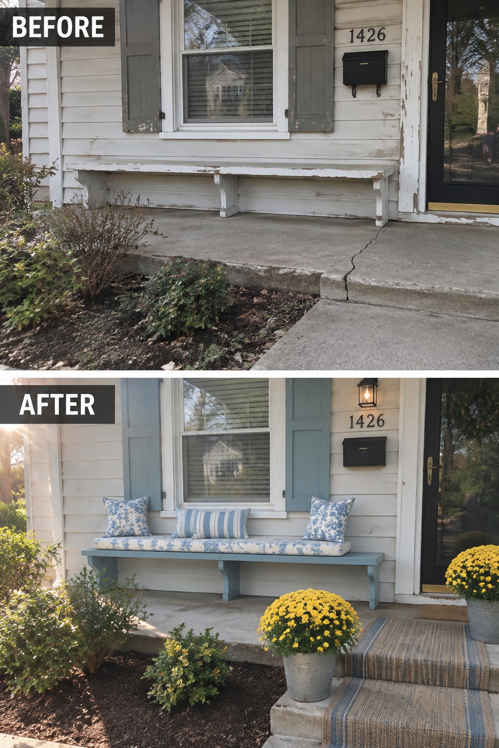 Before-and-after image of a weathered front porch bench updated with blue paint, a patterned cushion, pillows, and potted flowers.