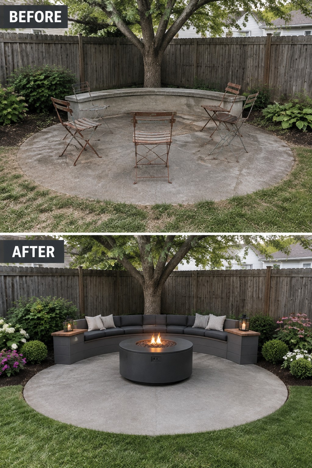 Before and after backyard patio with curved sofa, fire pit, and tree