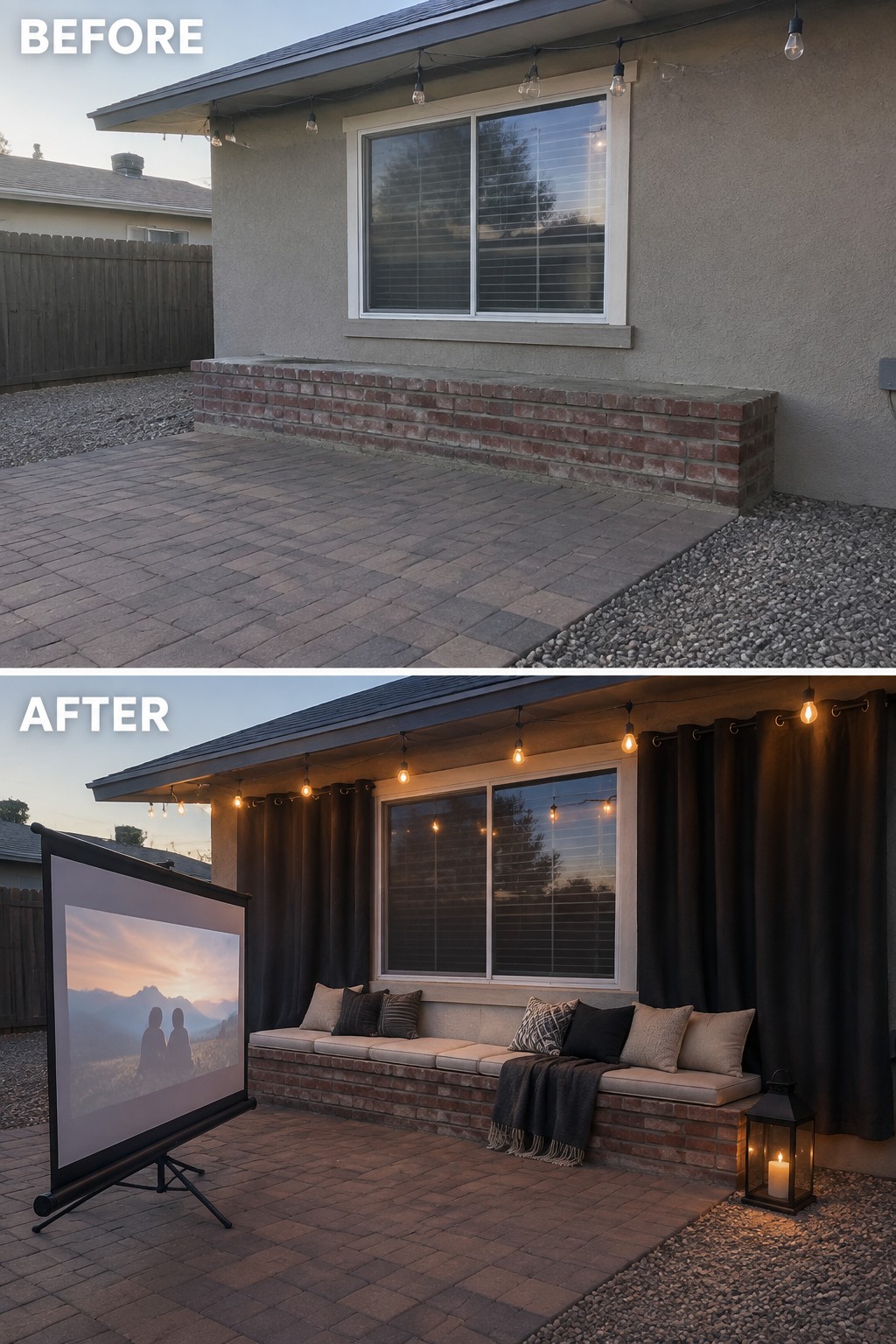 Before-and-after image of a plain brick patio ledge transformed into a cushioned outdoor seating area with pillows, curtains, string lights, and a projector screen.