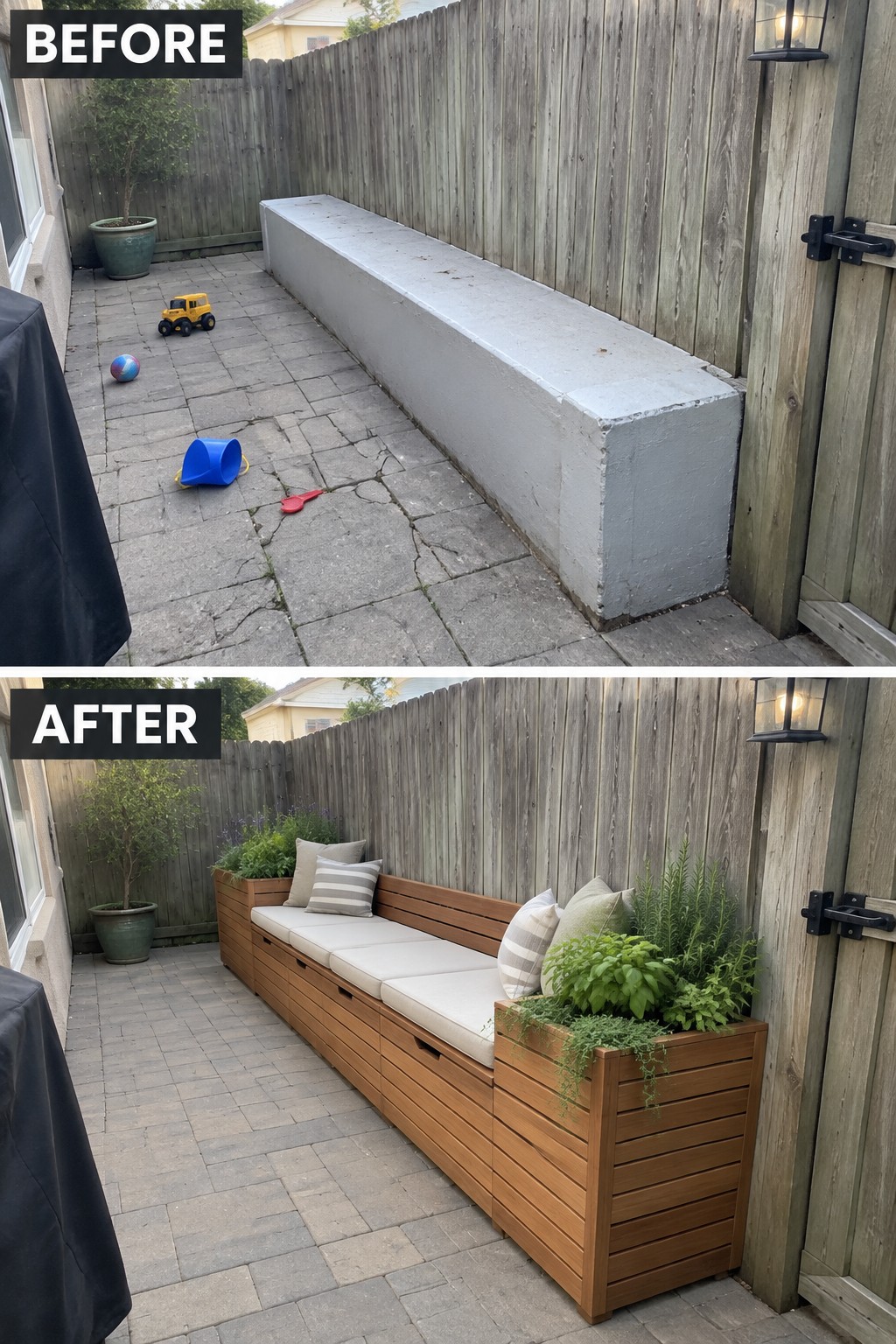 Before concrete bench on patio, after wooden bench with cushions and planters.