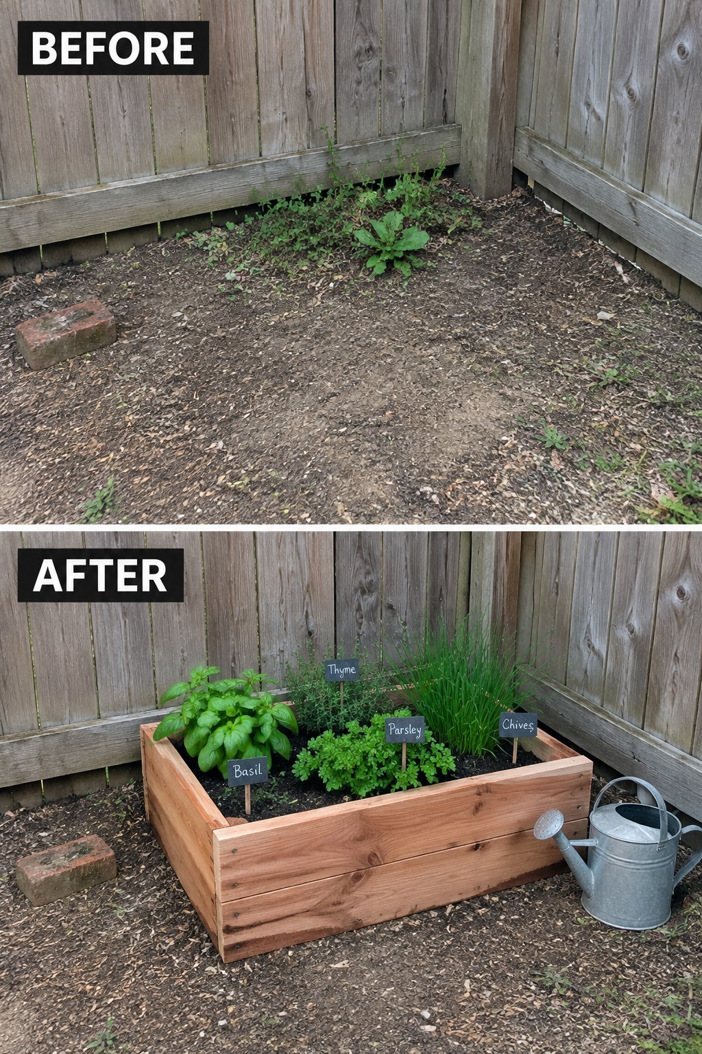 Before and after of weedy dirt transformed into raised wooden herb bed with labels and watering can