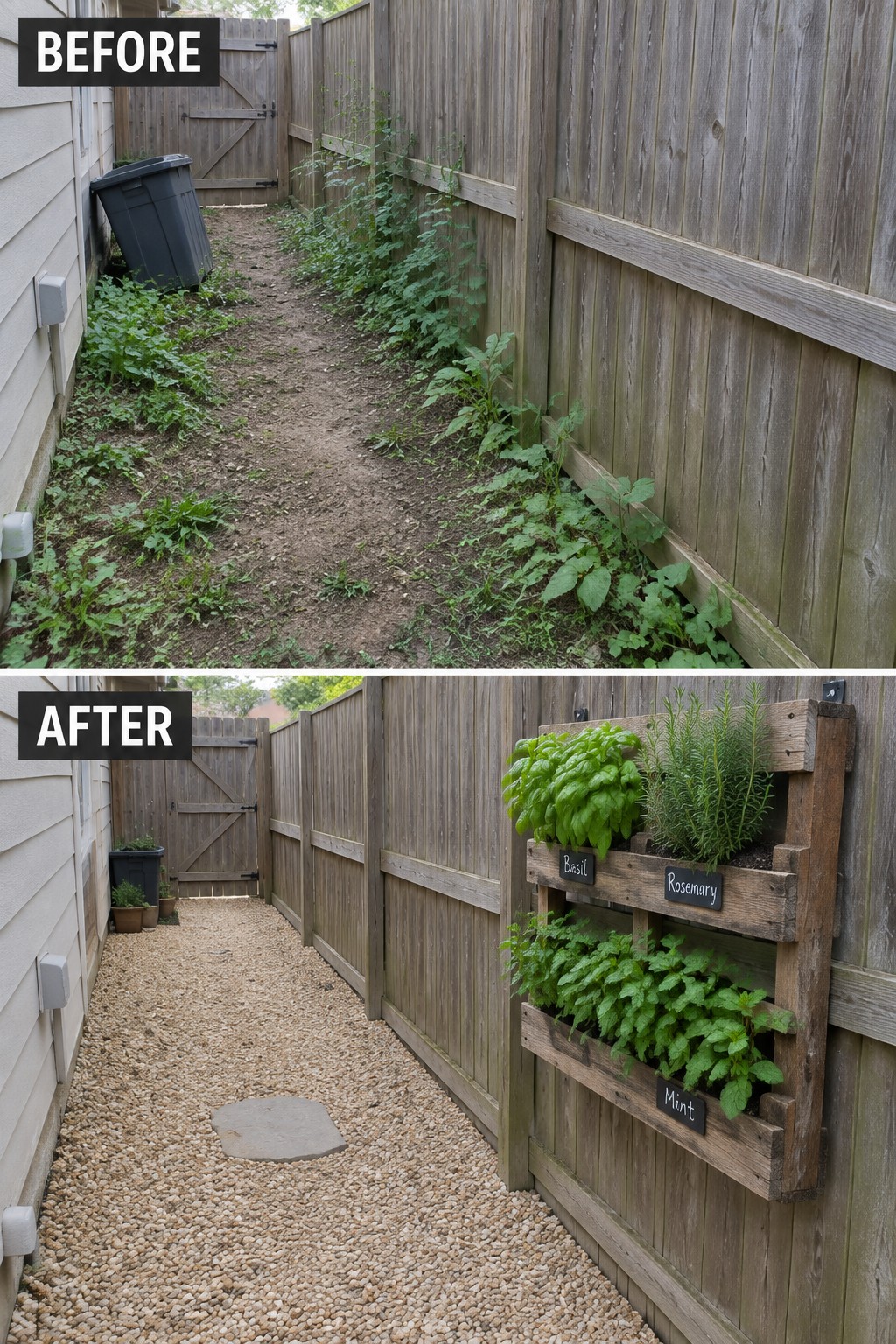 Before and after of weedy dirt path transformed into gravel walkway with herb wall planters