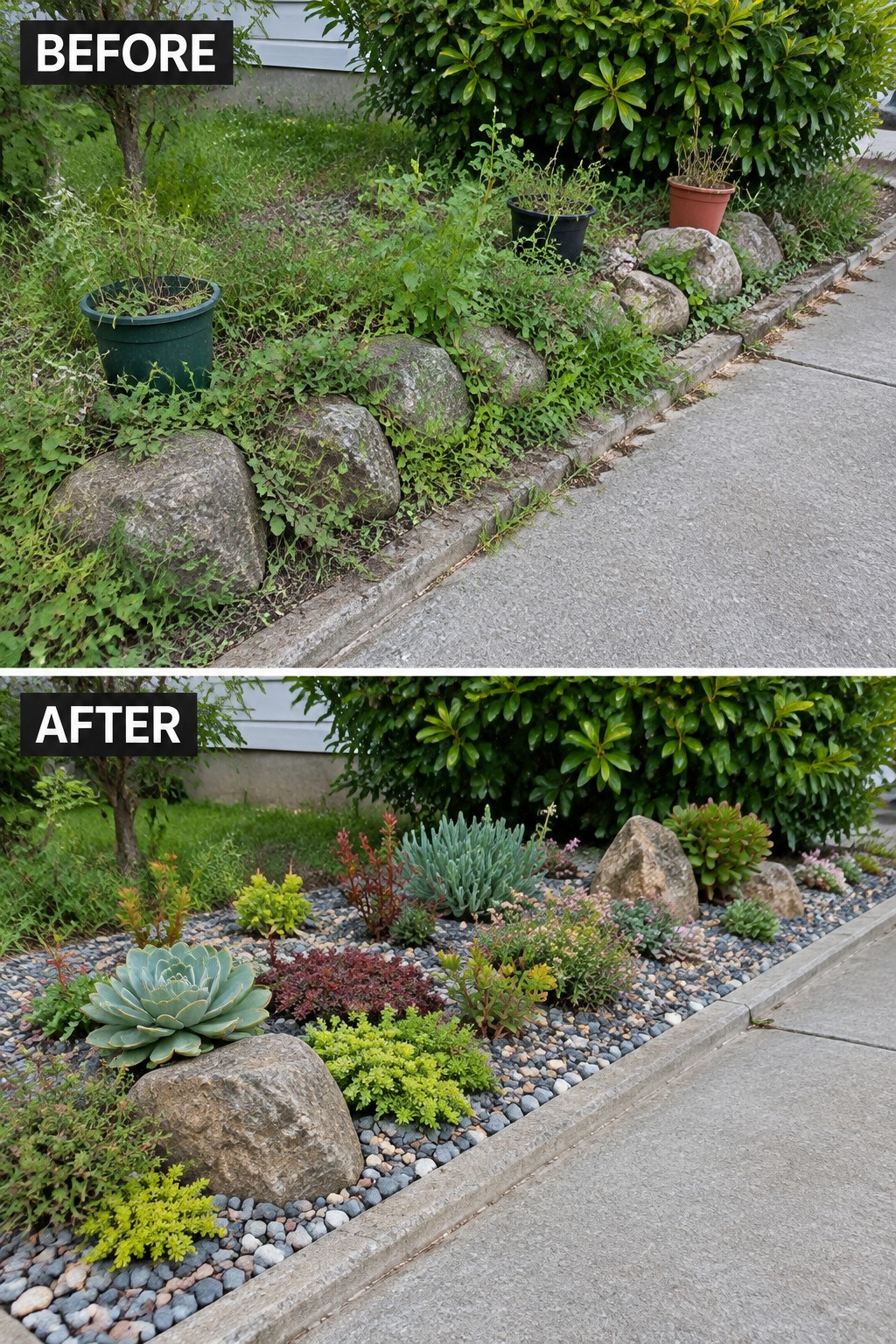 Before and after of overgrown garden bed landscaped with succulents and pebbles.