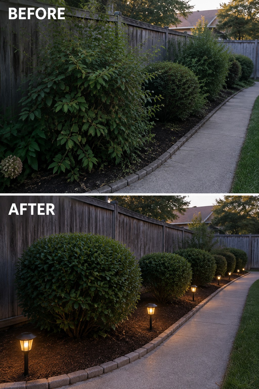Before and after of overgrown bushes pruned with solar lights added along path