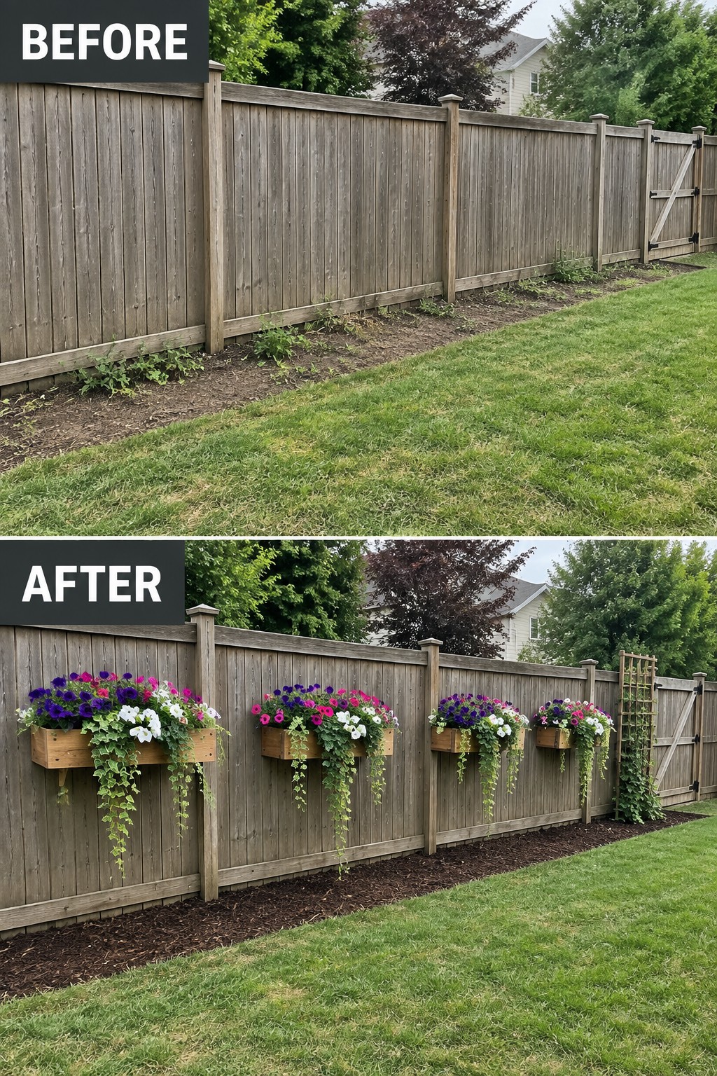 Before-and-after wooden fence with colorful flower boxes and hanging vines added