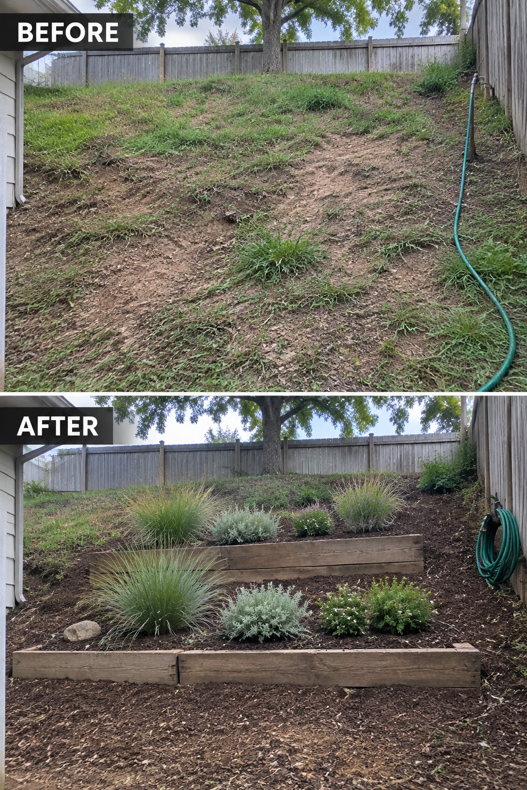 Before-and-after view of sloped backyard with new wooden garden beds and plants.