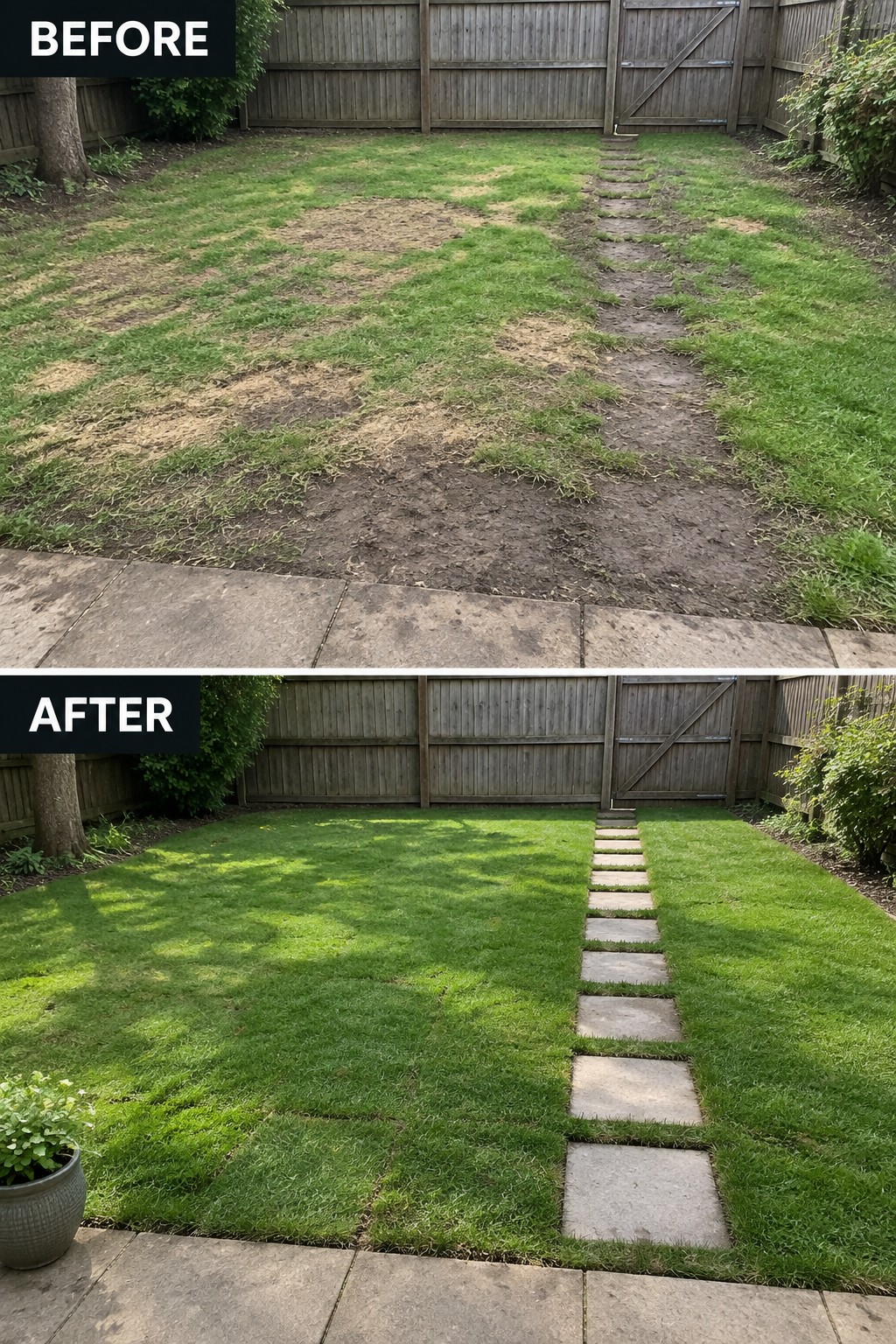 Before-and-after image of a patchy backyard lawn transformed into a neat green lawn with a straight stone path.