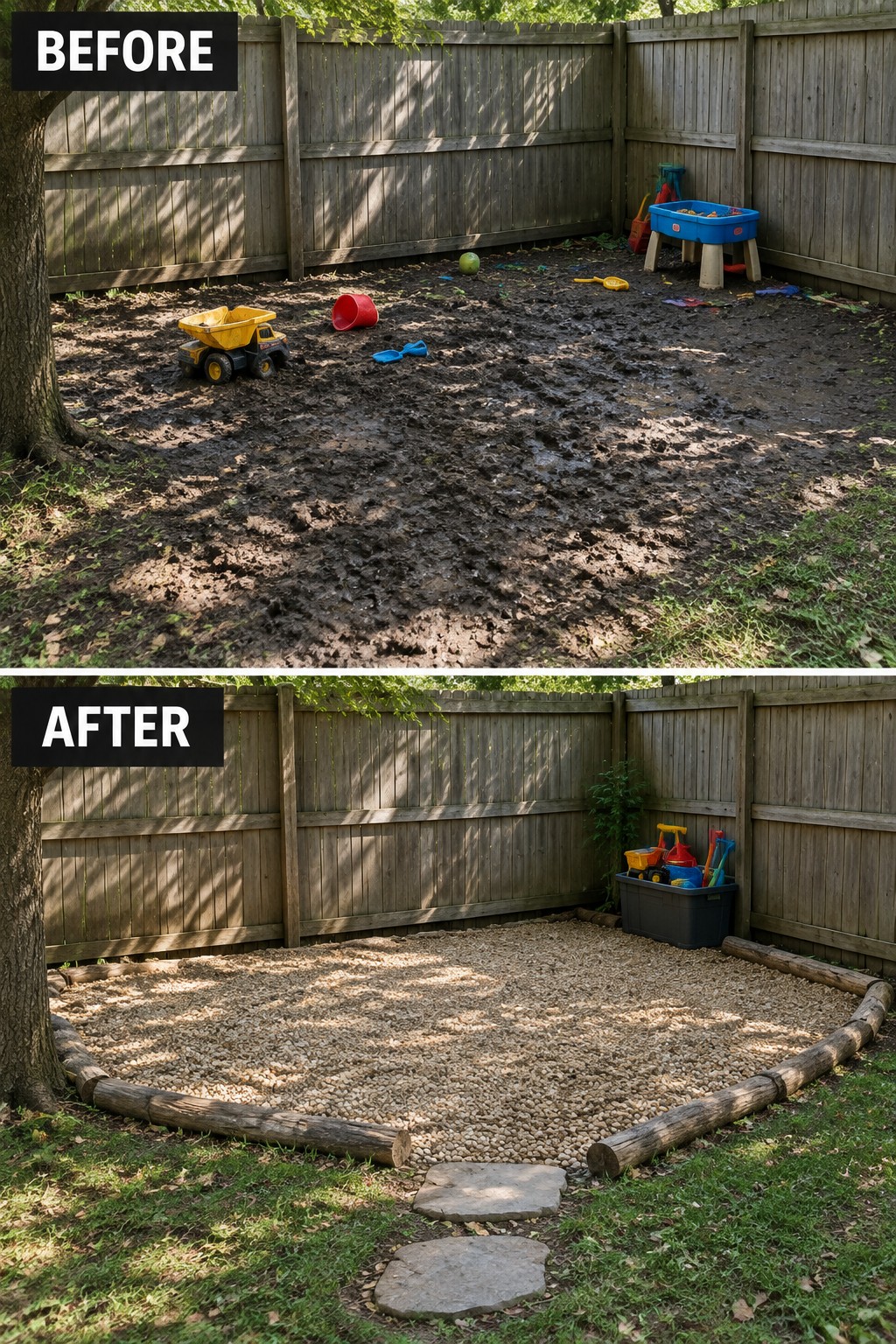 Before muddy toy-strewn dirt yard; after gravel play area with log border and stepping stones.
