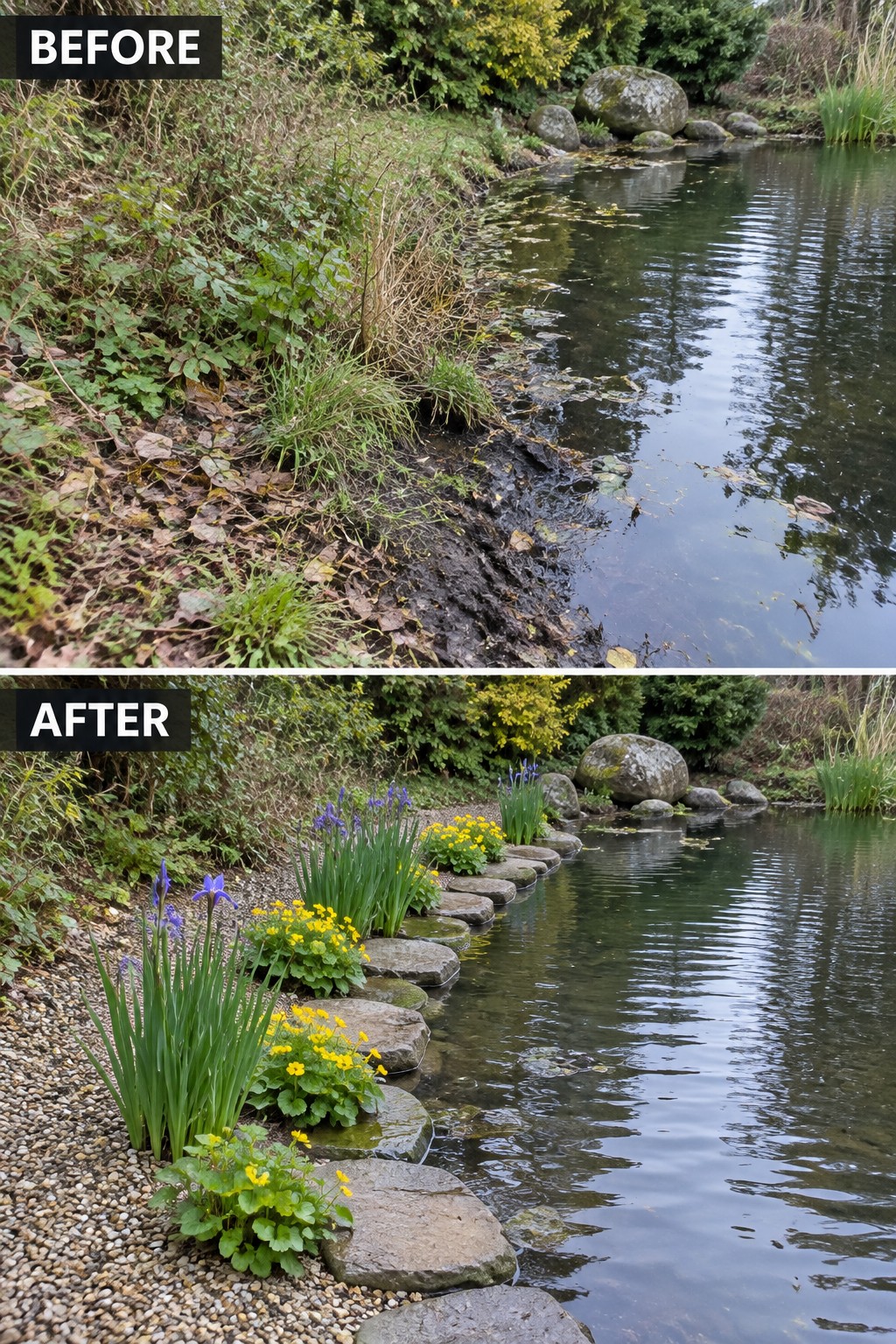 Before and after of overgrown pond bank restored with stepping stones and flowers.