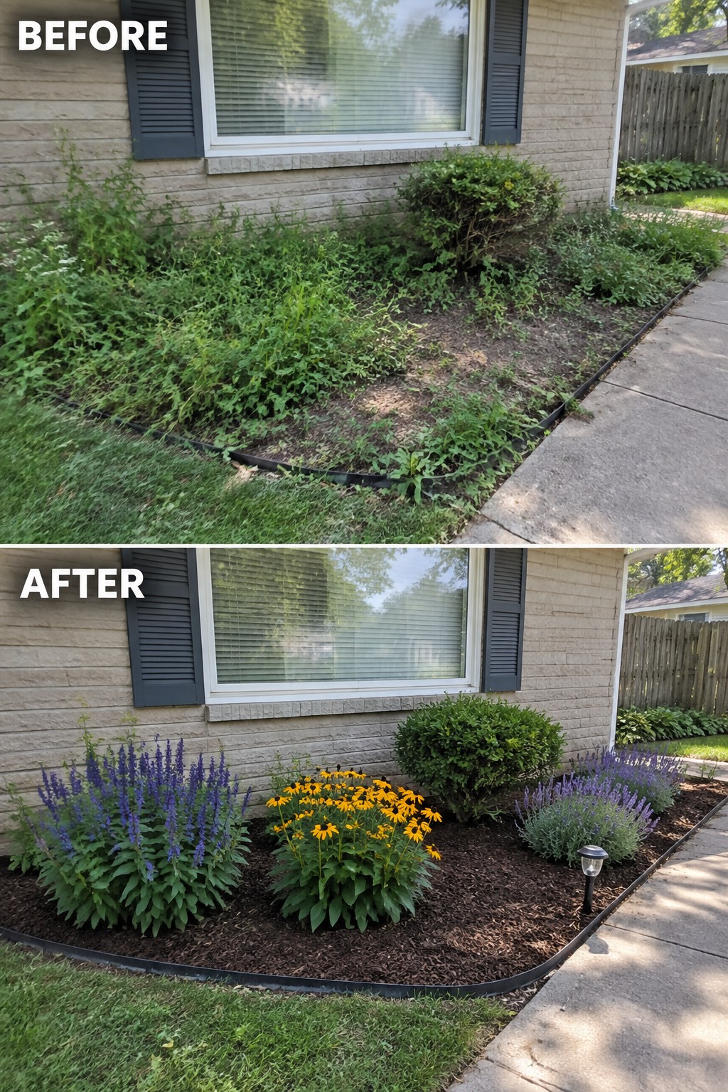 Before-and-after house garden bed: overgrown weeds replaced by colorful flowers and mulch.
