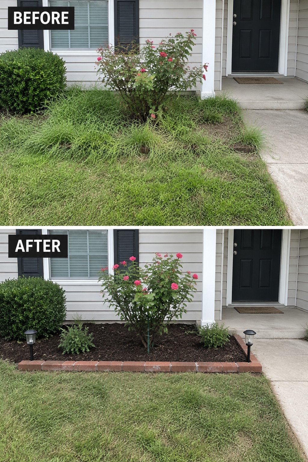 Before-and-after front yard showing overgrown grass transformed into mulched rose bed with brick border.