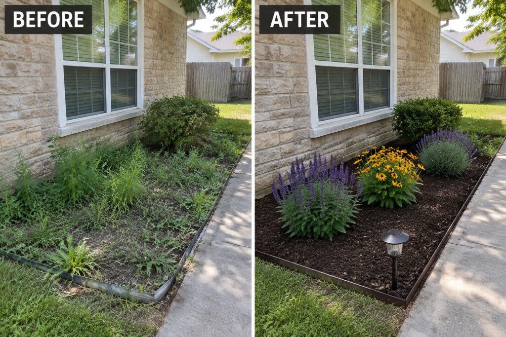 Before-and-after house garden bed: overgrown weeds replaced by colorful flowers and mulch.