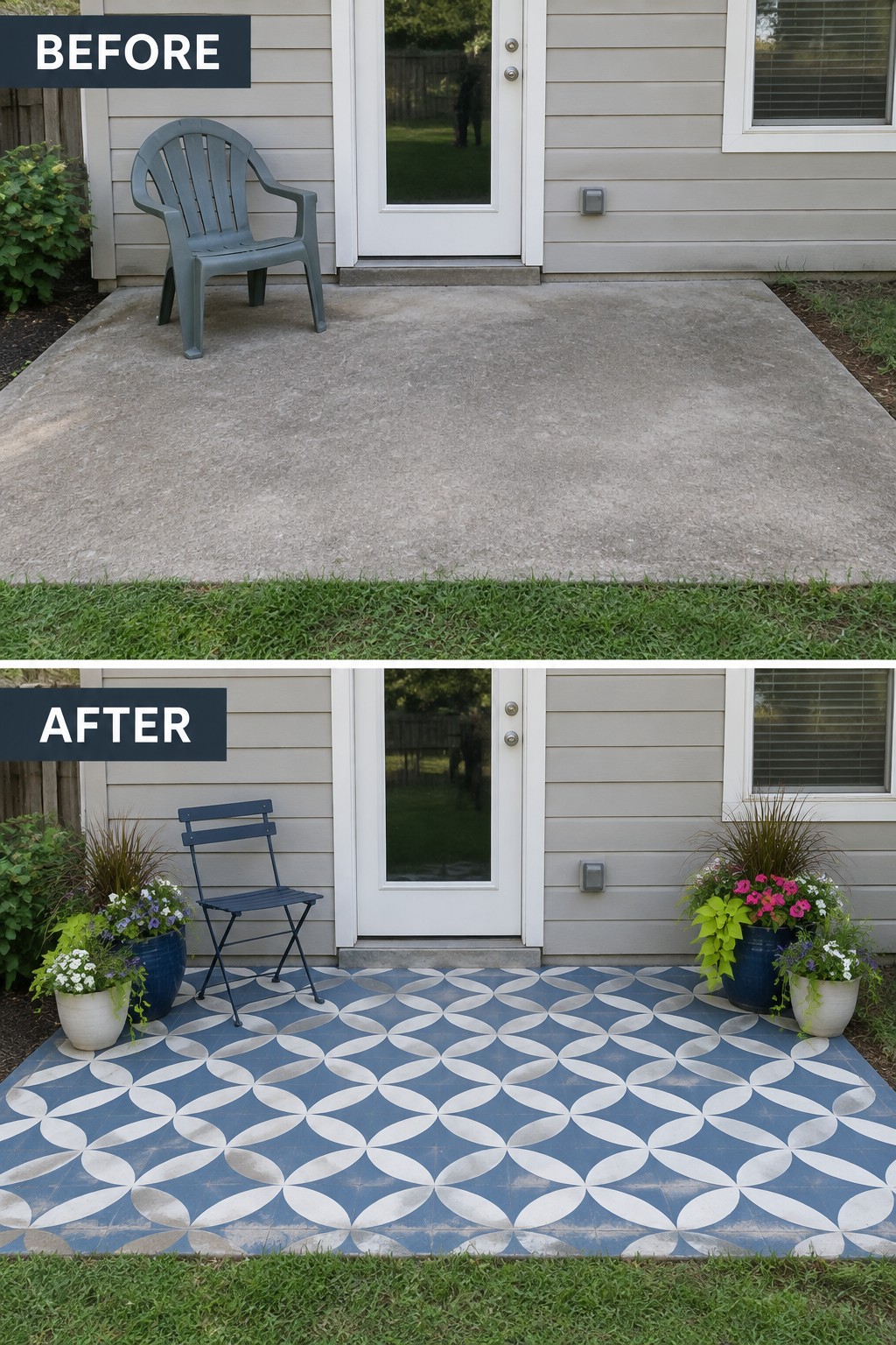Before-after patio makeover: plain concrete to blue geometric tiles with potted plants and chair.