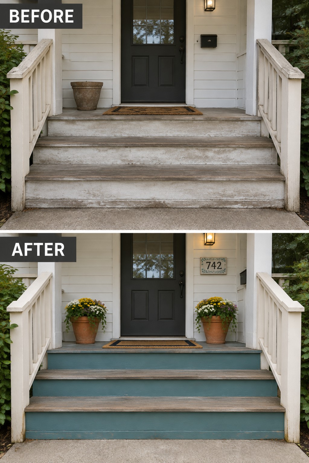 Before-and-after image of a front porch with worn wooden stairs updated with teal paint and potted flowers flanking the door.