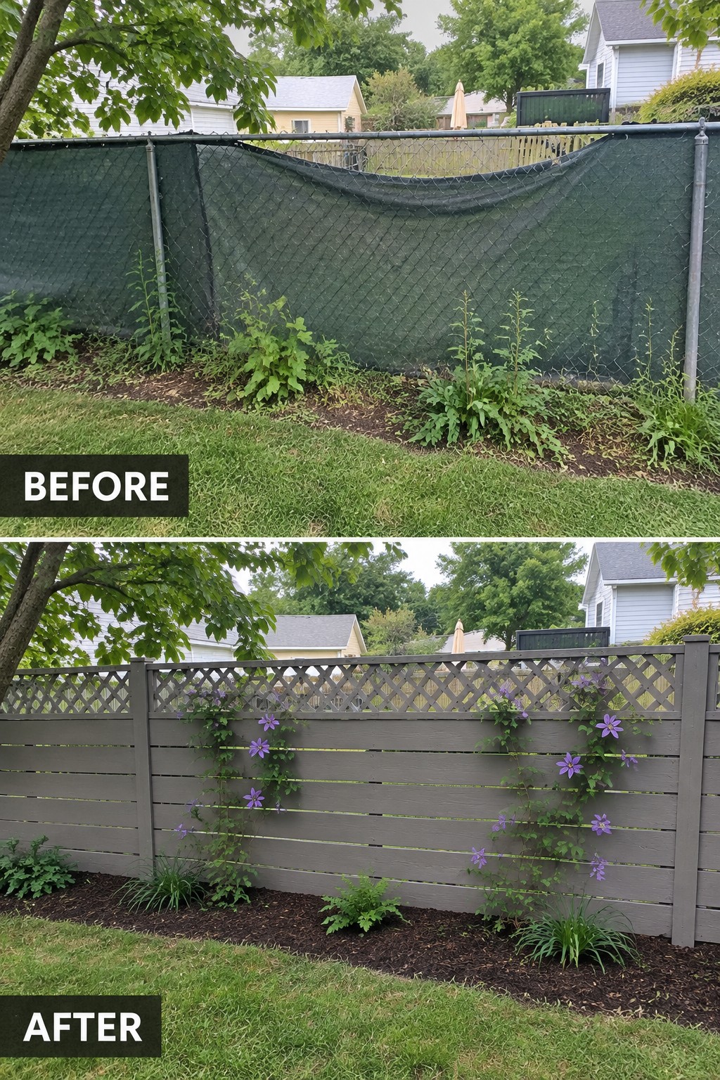 Before-and-after backyard fence: chain-link with weeds replaced by gray wooden with purple flowers.