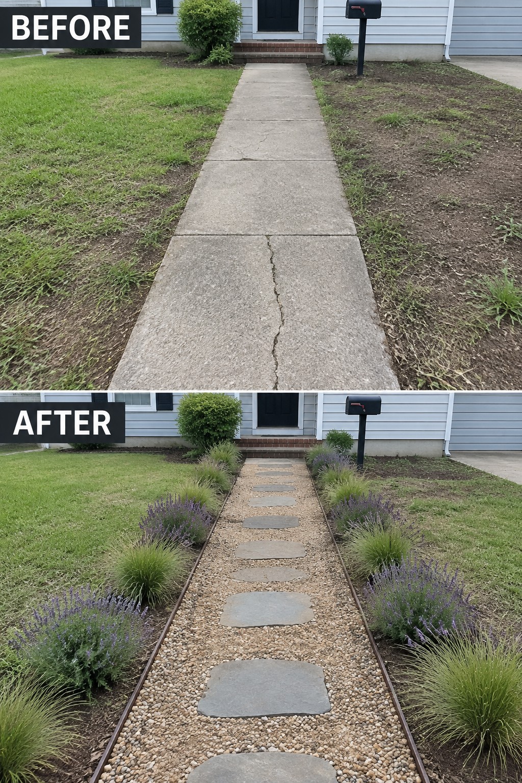 Before cracked concrete path and after stepping stones in gravel with purple plants