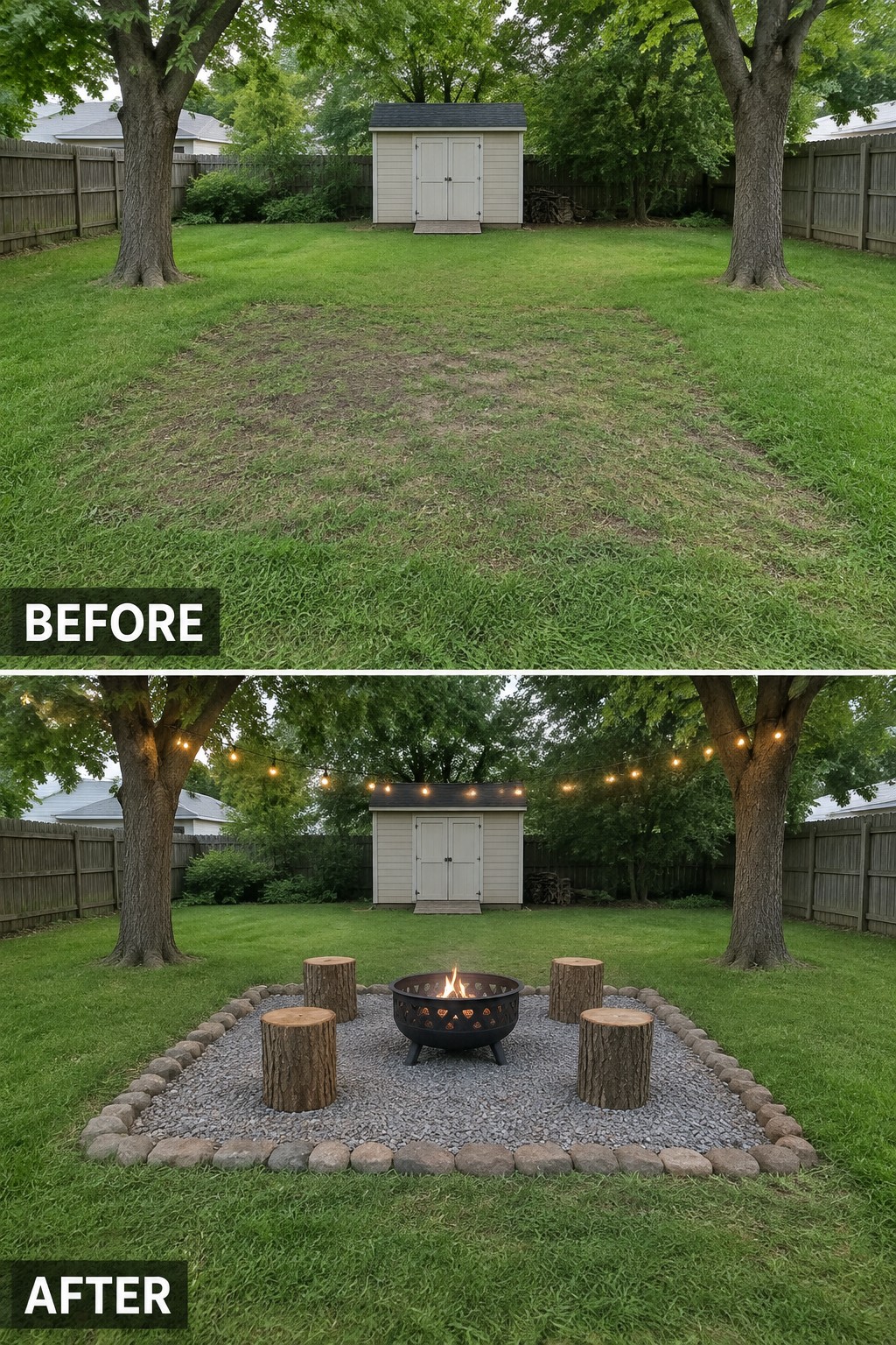 Before bare lawn and after fire pit with logs, gravel, and string lights