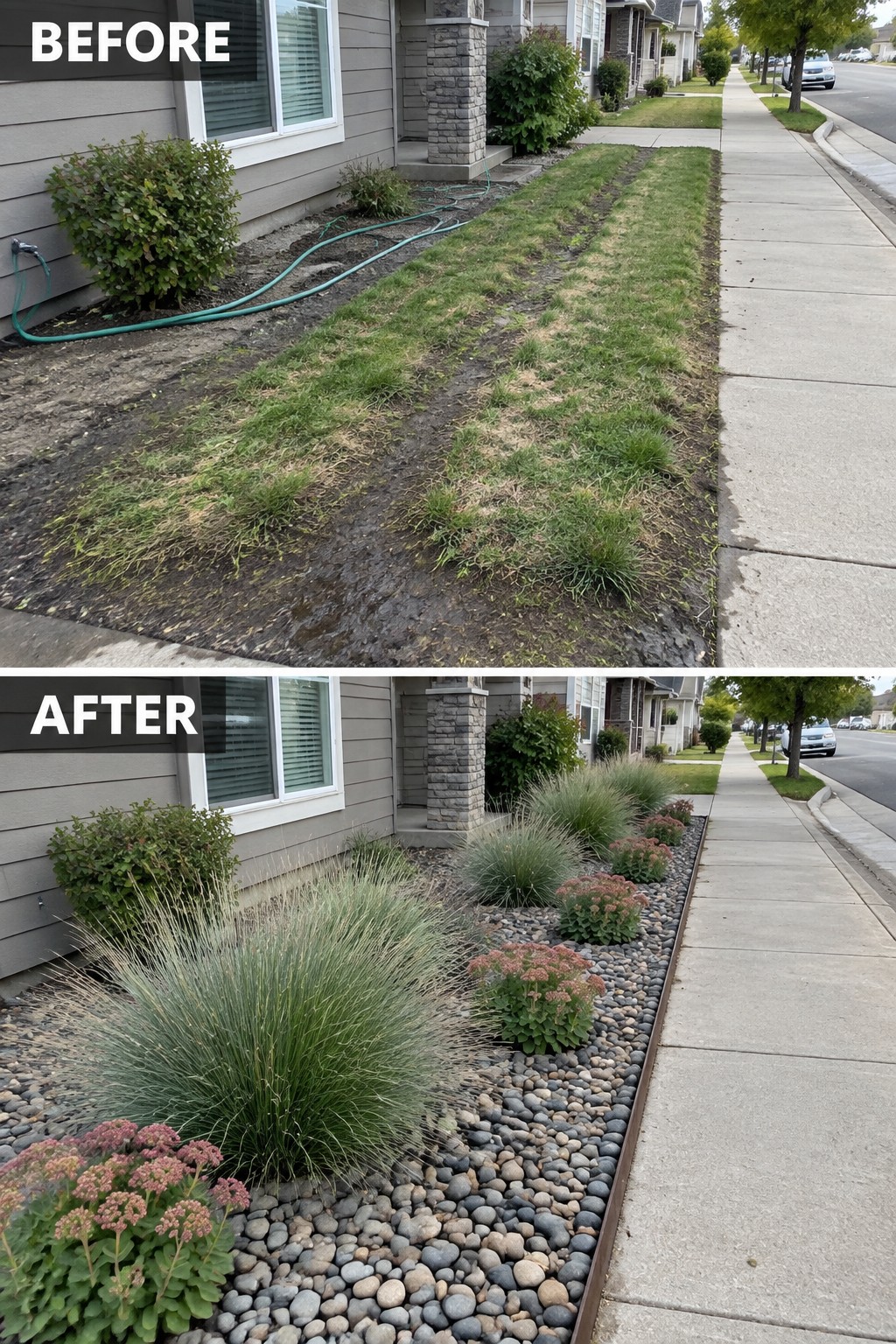 Before-and-after view of front yard: patchy lawn transformed into rock garden with grasses and flowers