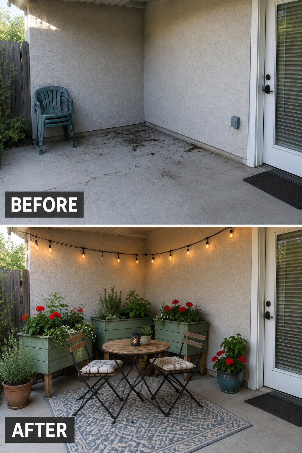 Before empty patio with green chair; after with string lights, plants, table and rug