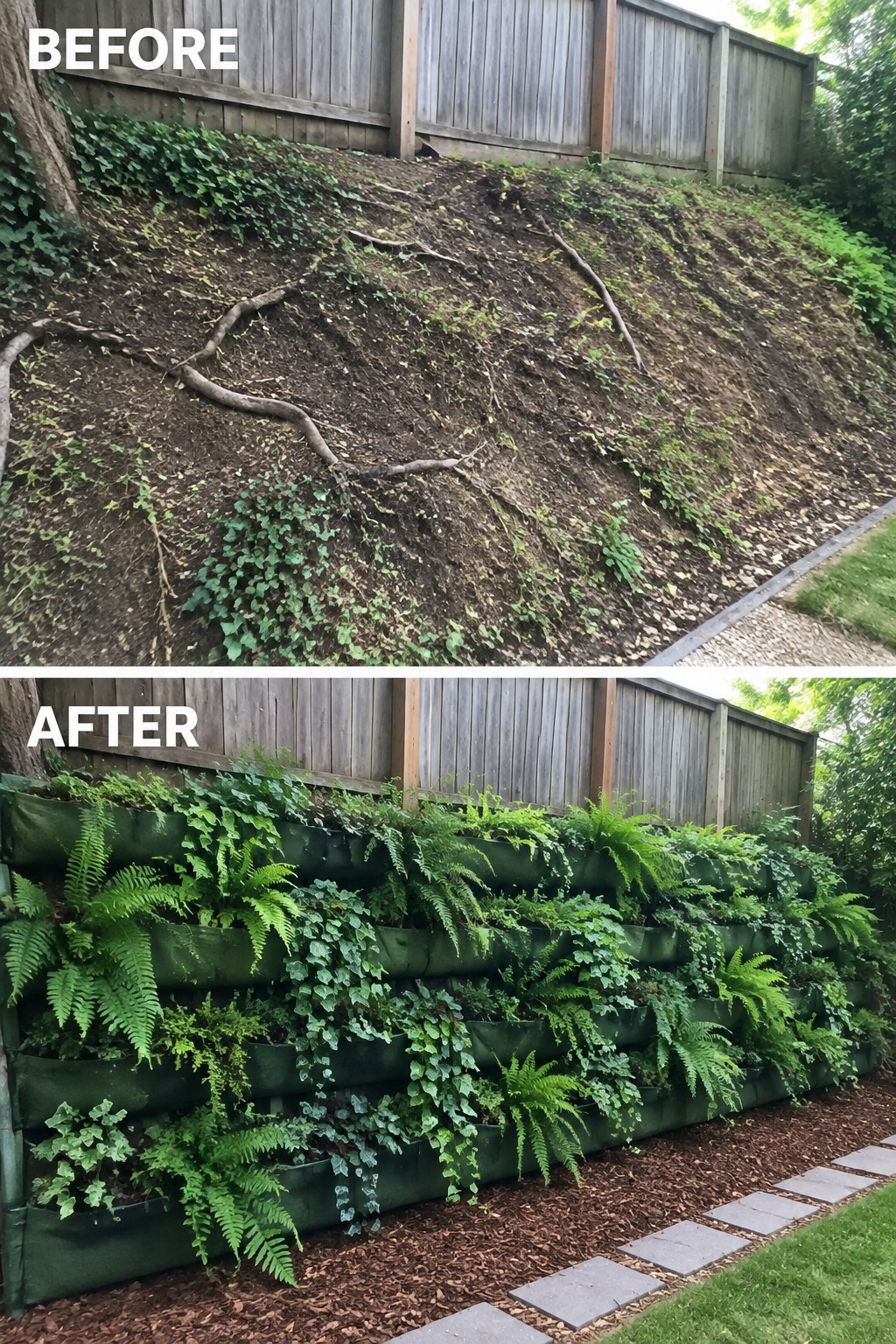 Before bare ivy slope, after lush ferns in tiered green wall planters with mulch path.