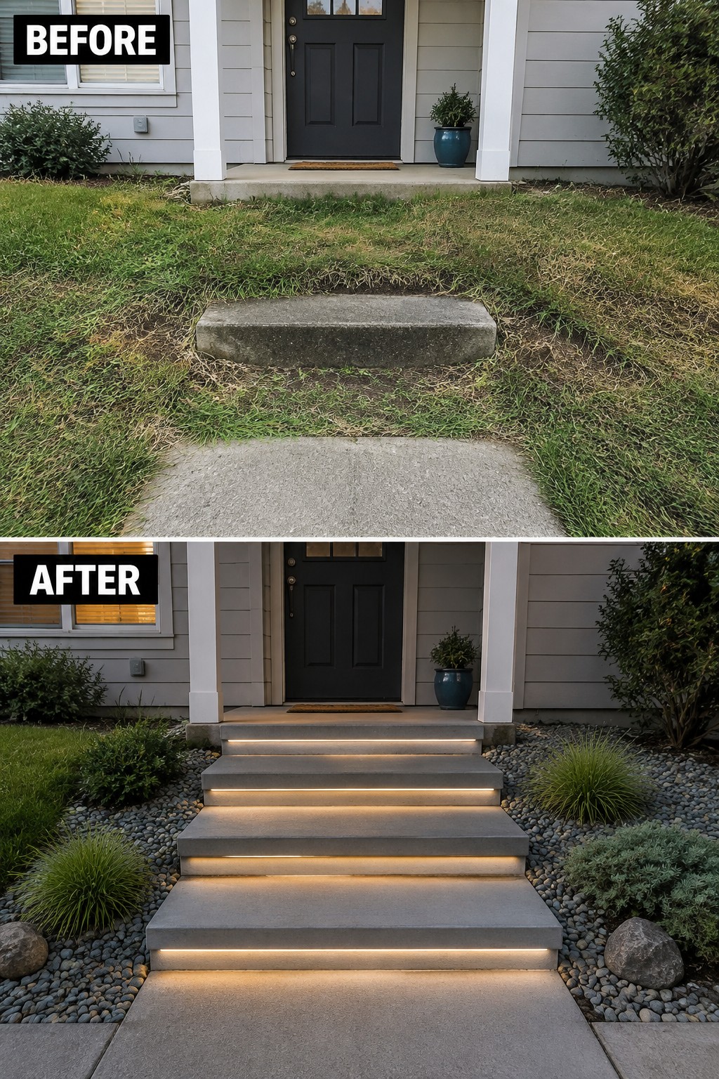 Before and after house entrance with new lighted steps and gravel landscaping