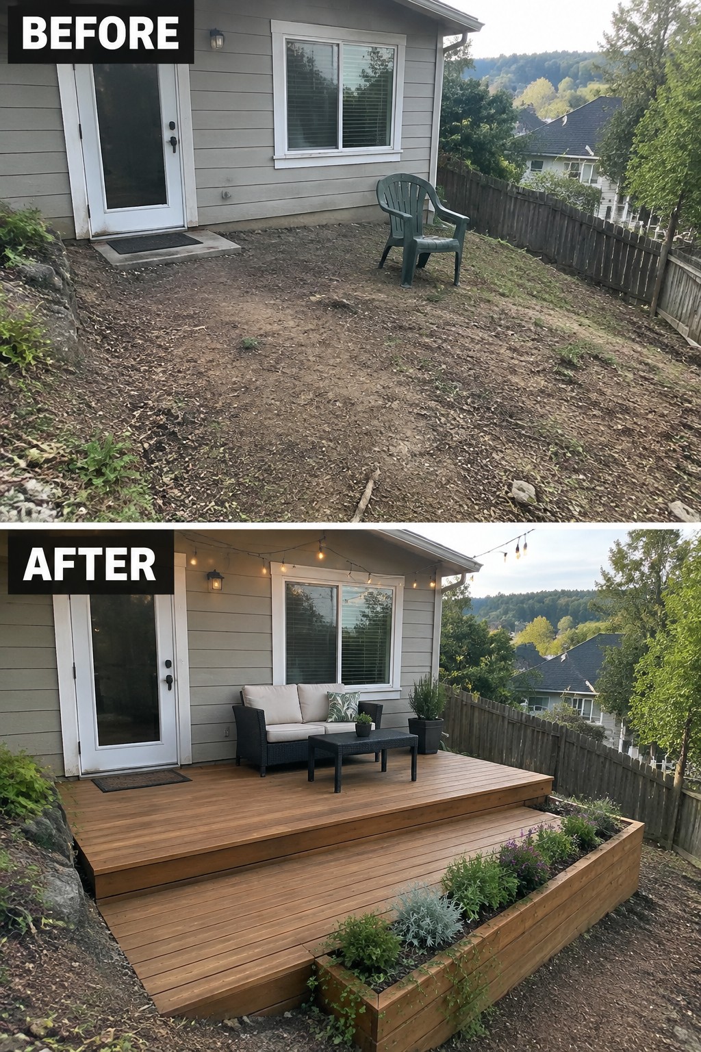 Before and after backyard views: dirt slope transformed into wooden deck with furniture and planters.